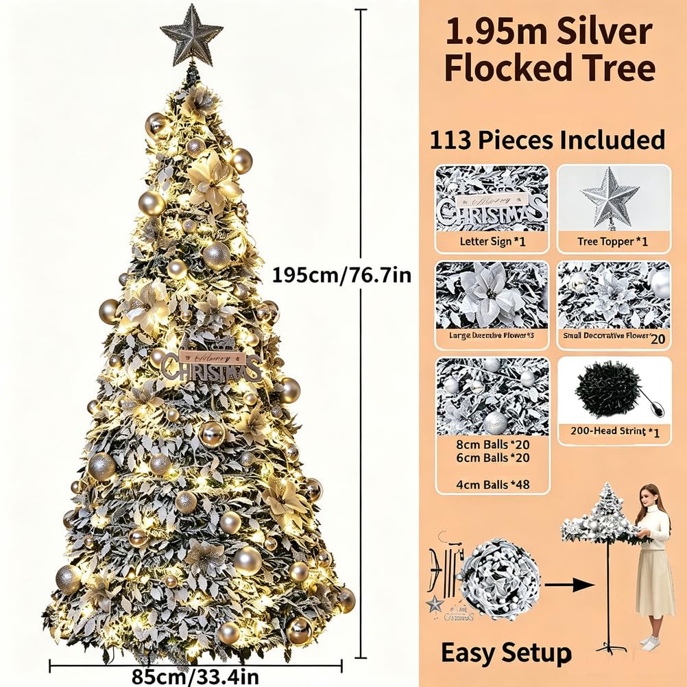 1,95m Silber flockig klappbar teleskopisch Christbaum Fernbedienung Licht