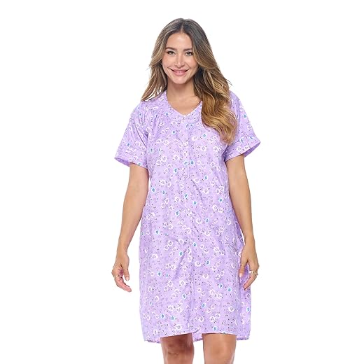 Casual Nights Women's Snap front House Dress Short Sleeve Woven Duster Housecoat Lounger Robe, Floral Purple, X-Large