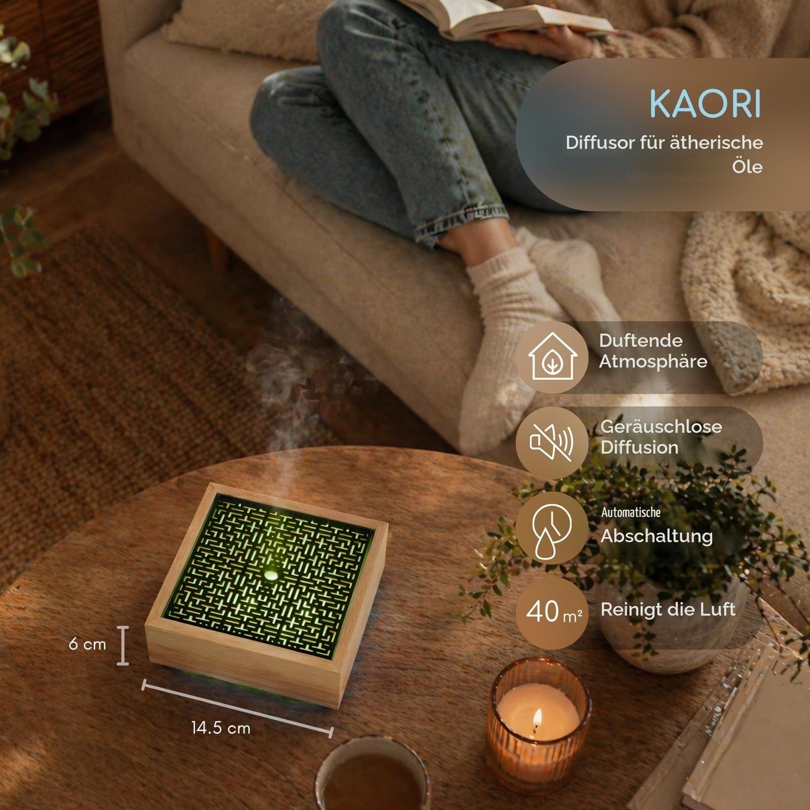 Zen'Arôme - Diffusor Kaori - Luftbefeuchter für ätherische Öle - Ultraschall-Aromatherapie-Vernebler - Elektrische Duftlampe in Naturholz-Design mit LED-Beleuchtung und automatischer Abschaltung