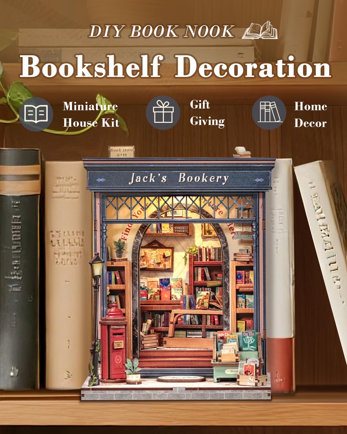 CUTEBEE Book Nook Kit Per Adulti - DIY Casa delle Bambole in Miniatura Con Luce LED, Stile Casa Miniatura in Legno Elegante ed Ornato da Costruire da Te, Regali(Jack's Bookery)