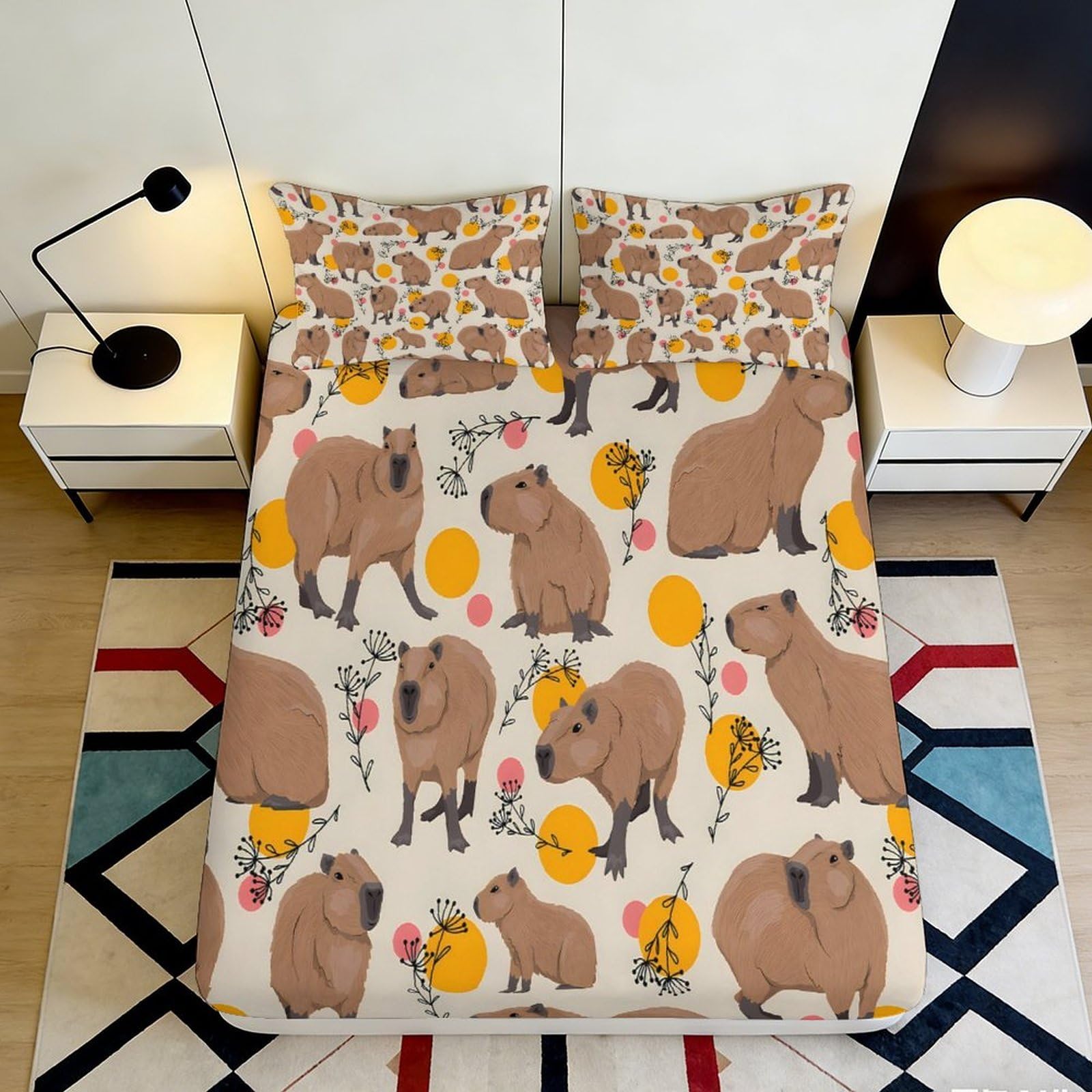 3D Printed Capybara Animal Fitted Sheet Microfiber Soft Breathable Botanical Bed Cover for Bedroom Guest Room Decor 90x200x25cm