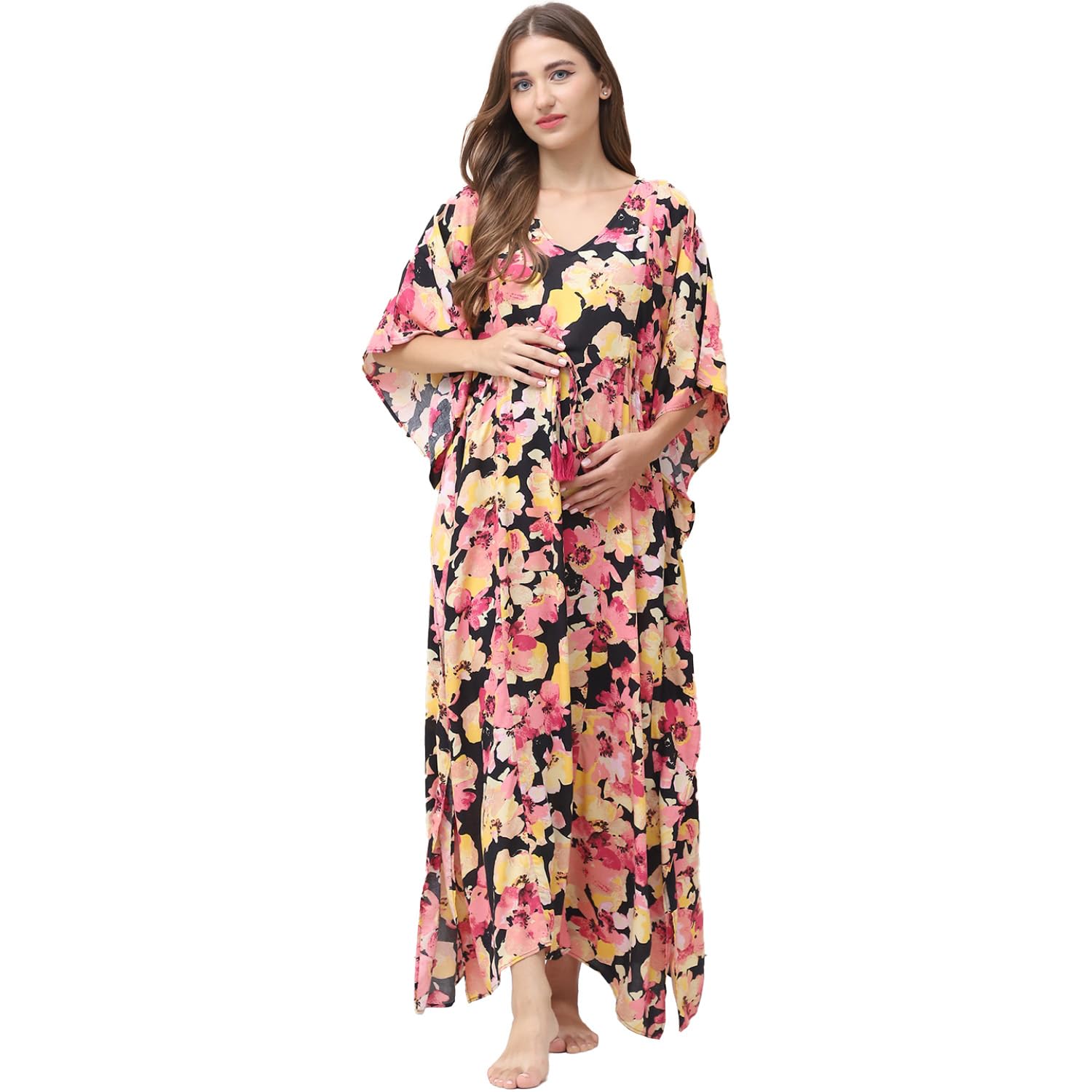 Floral Print Multi-Colour Rayon Maternity Kaftan Full Length/Maxi Nighty/Free Size/Feeding/Nursing/Zipper/Drawstring