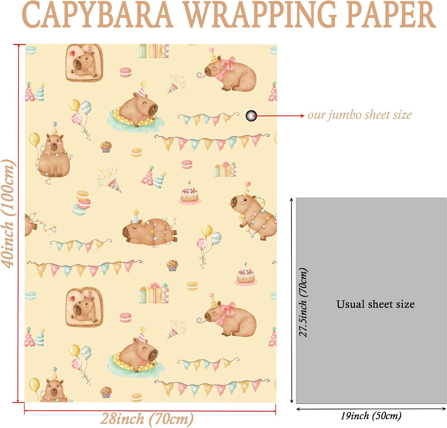 SaringSwoon Capybara Birthday Wrapping Paper for Girls Boys - Cute Animals Gift Wrap with Balloons Cakes, HAPPY BIRTHDAY Design for B-DAY, Baby Shower - 28×40 Inches, 4 Jumbo Folded Sheets image 5