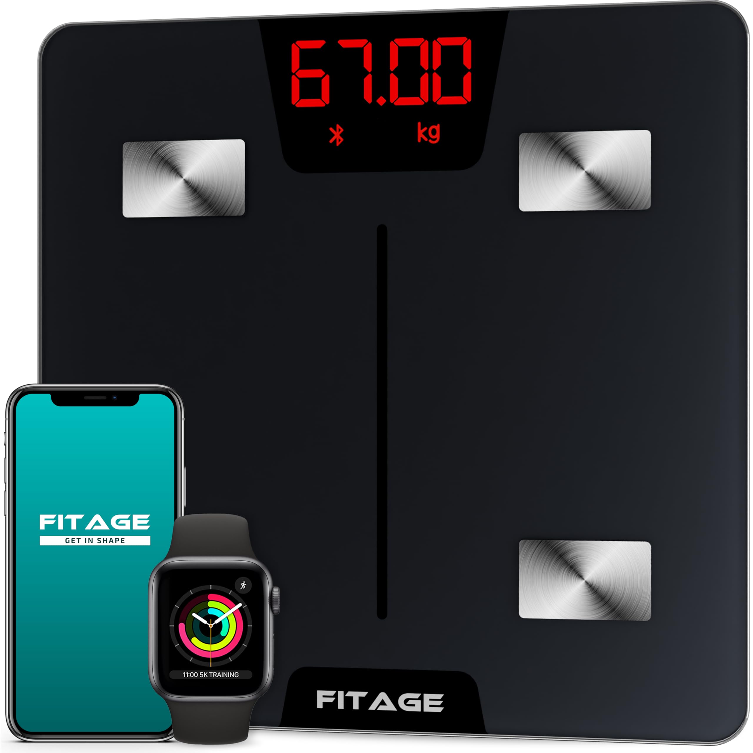 FITAGE Bilancia Pesapersone Digitale, Bilancia Pesa Persona con App, Pesa Persone Digitale di Precisione con 17 Misurazioni Corporee, Bilancia Professionale Fino a 180kg 28 x 28 cm - Nero