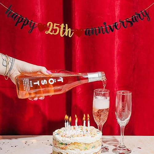 Miniatura 5 de Cartel de feliz 25 aniversario, decoración de banderines de fiesta de aniversario de 25 años, guirnaldas de fiesta de aniversario 25 (negro y dorado)