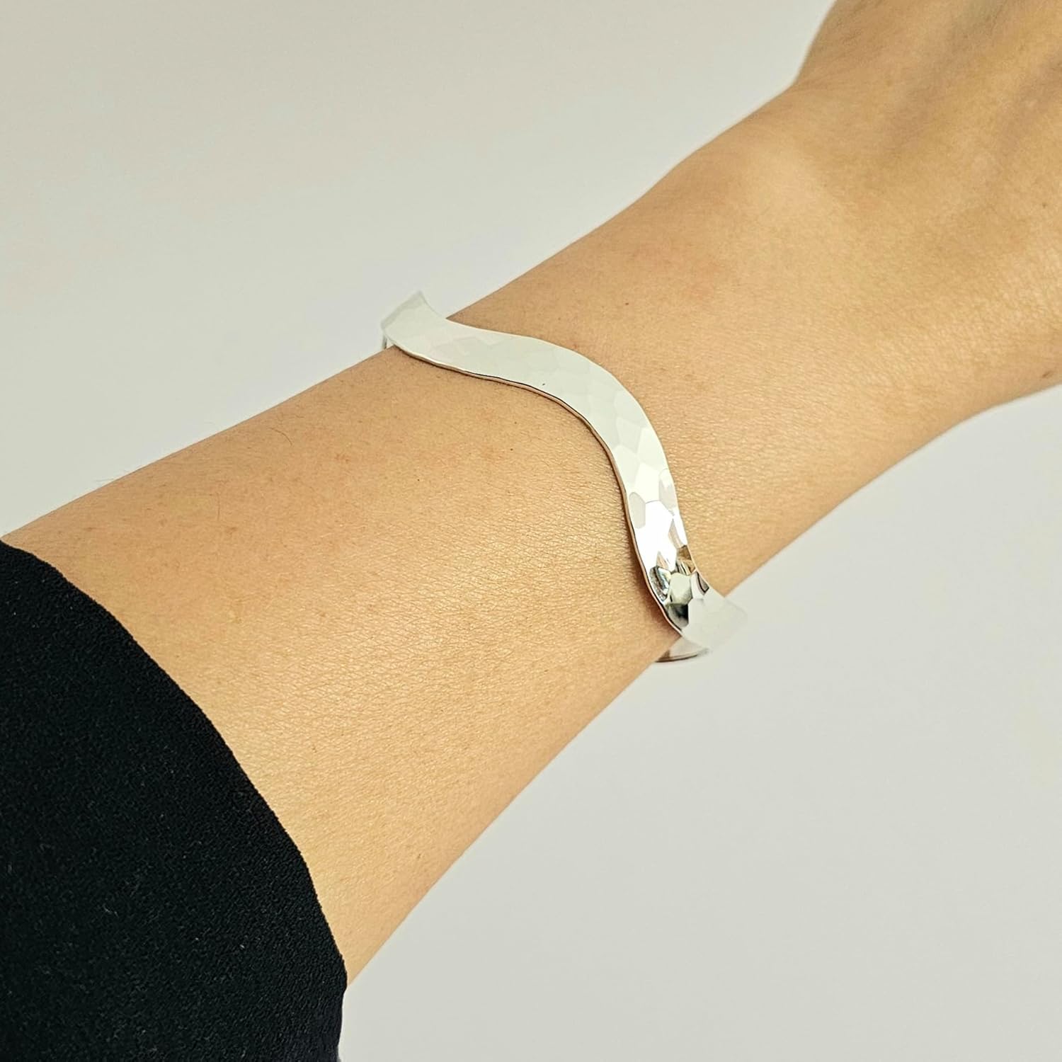 925 Sterling Silver Hammered Bangle Bracelet for Women | Handmade Wavy Open Cuff | Gift for Her - Image 3
