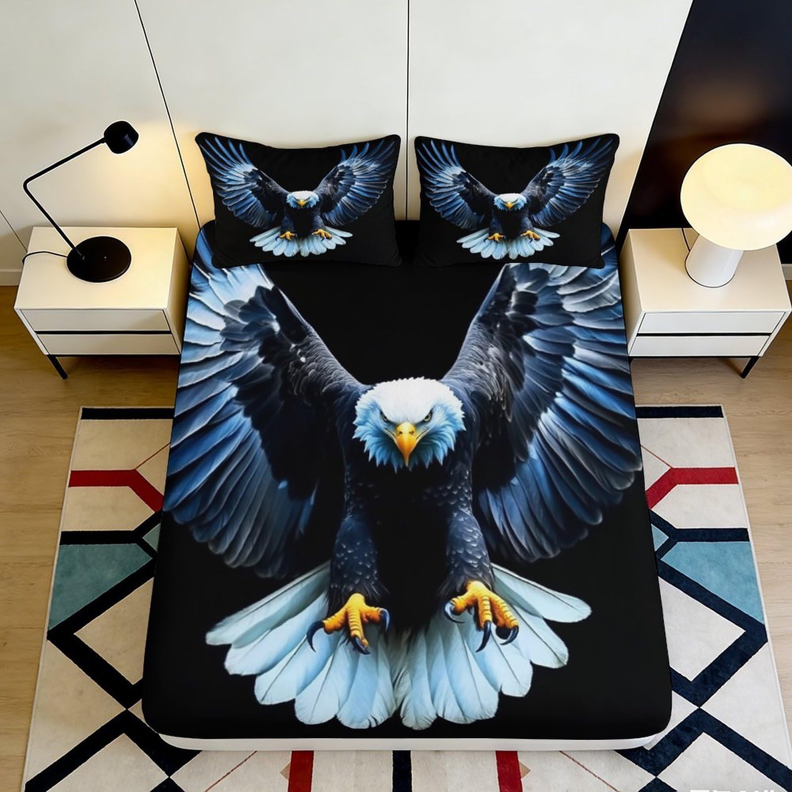 3D Printed Majestic Eagle Fitted Sheet Microfiber Soft Breathable Soaring Bird Bed Cover for Bedroom Dorm Decor Mattress Protection 90x200x25cm