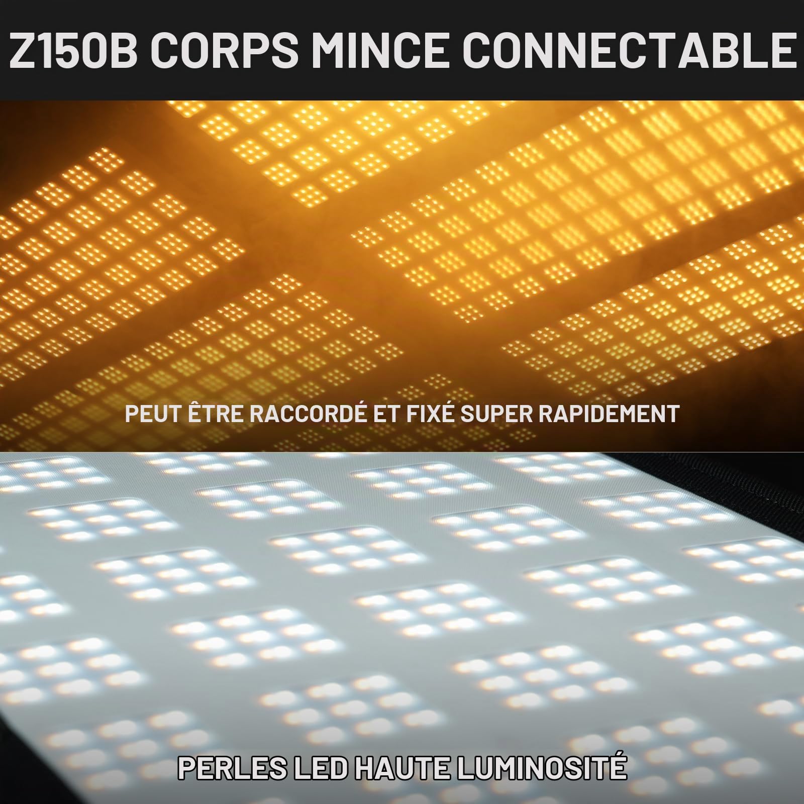 GVM ZipTile Z150B Lampe vidéo LED Flexible Bicolore 2700 K ~ 6800 K, 15500 lux/m 150 W, 12 Effets d'éclairage avec boîte à lumière Grille nid d'abeille, Prise en Charge par Application de contrôle