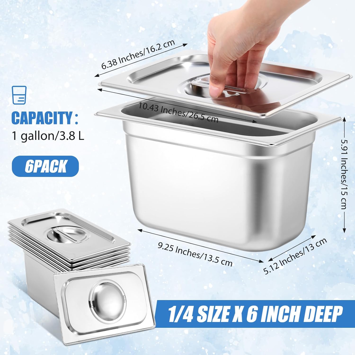 Thenshop 6 Pack Stainless Steam Hotel Pan with Lid Deep Steam Table Pan Reusable Anti Rust Water Restaurant Supplies for Home Party Buffet(10.43 x 6.38 x 5.91 Inches Pans,1/4 Size Lids)