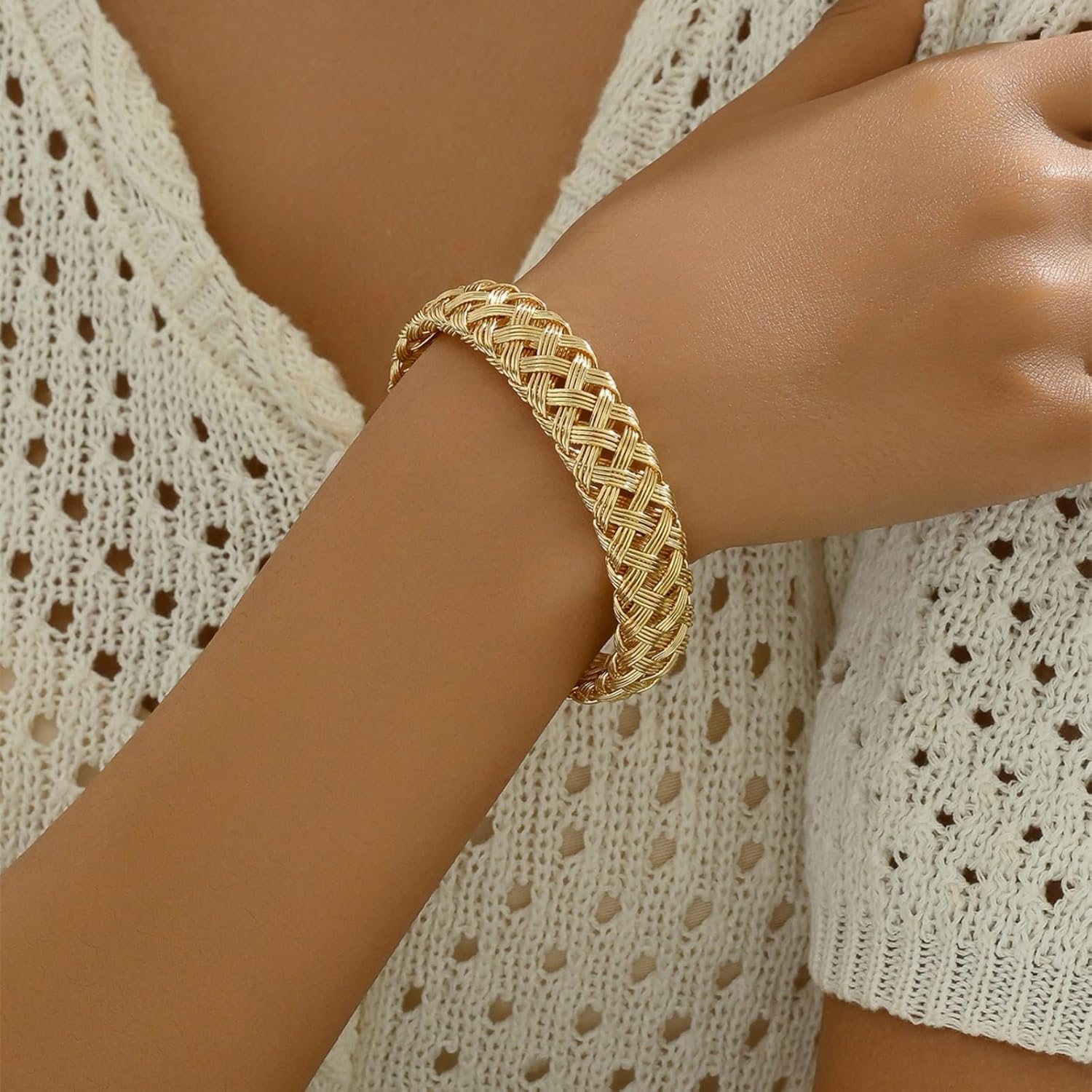 Gold Woven Bracelet Chunky Metal Cuff Bracelet 18K Gold Plated Woven Herringbone Mesh Bracelet Trendy Cuff Bracelet Stack Fashion Jewelry for Men and Women - Image 2