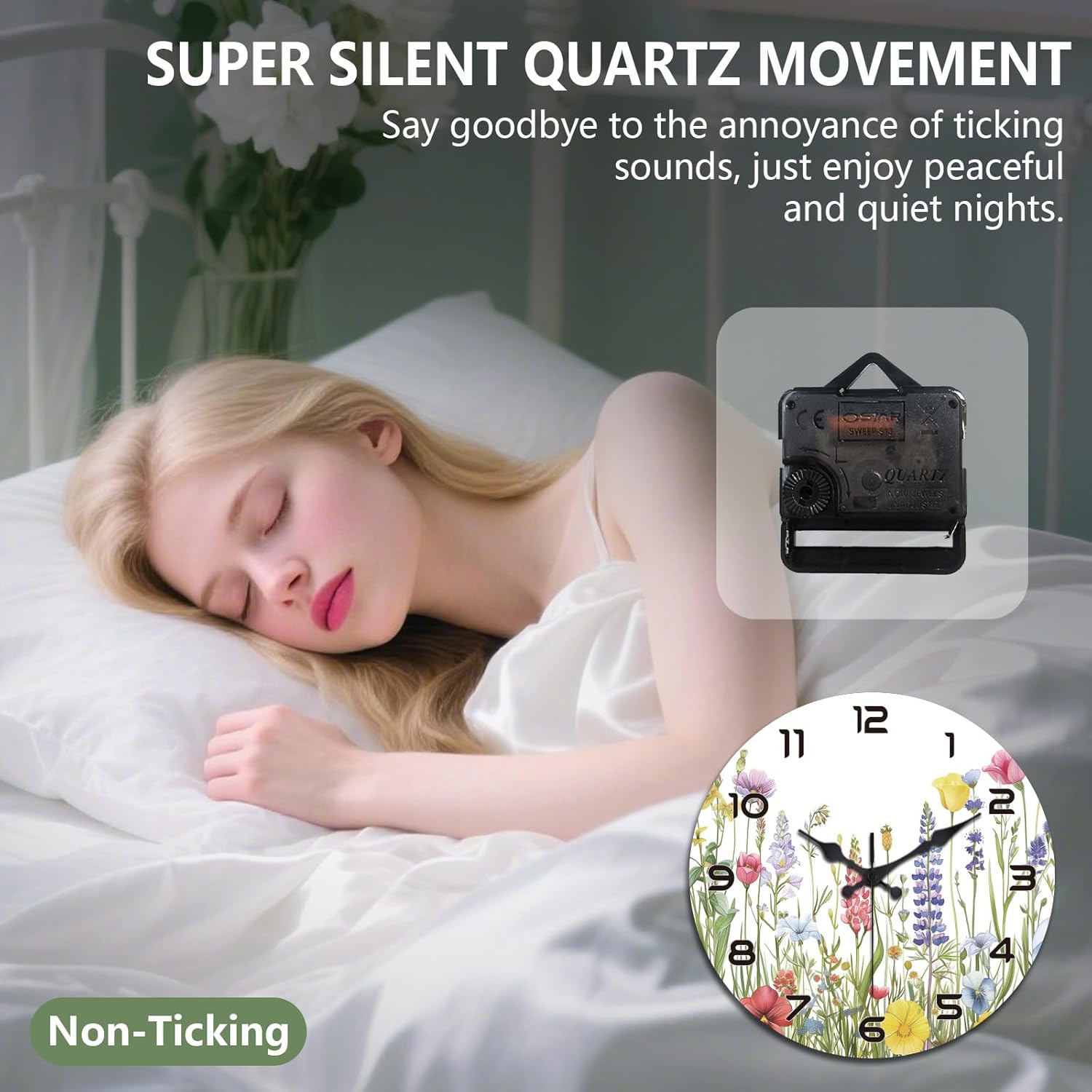 peacoblue Wall Clocks Battery Operated 12 Inch Wildflowers Glass Round Wall Clock Non Ticking for Kitchen Living Room Dining Room Bedroom and Bathroom Decor Accessories (Battery not Included)