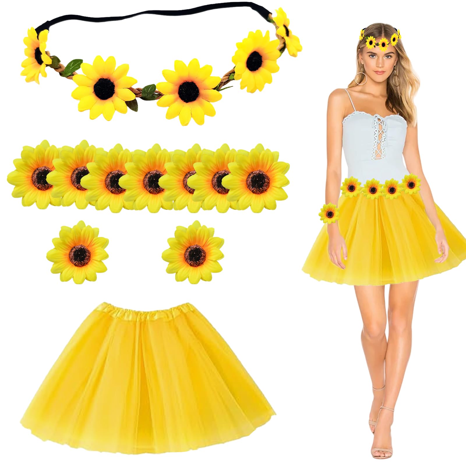 GWAWG Women's Sunflower Costume, Yellow Tulle Skirt + Sunflowers Headband + 10 Flowers + 2 Bracelets, Summer Flower Costume for Carnival, Halloween, Theme Party, Cosplay, Carnival