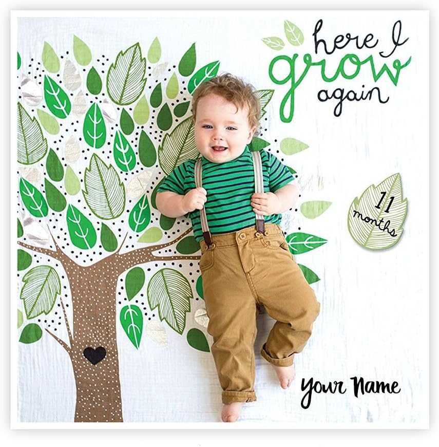 Personalized Deluxe Baby's First Year Here I Grow Again Growing Tree with Green and Metallic Silver Leaves Print Growth Blanket Month and Holiday Milestone Cards Set with Name