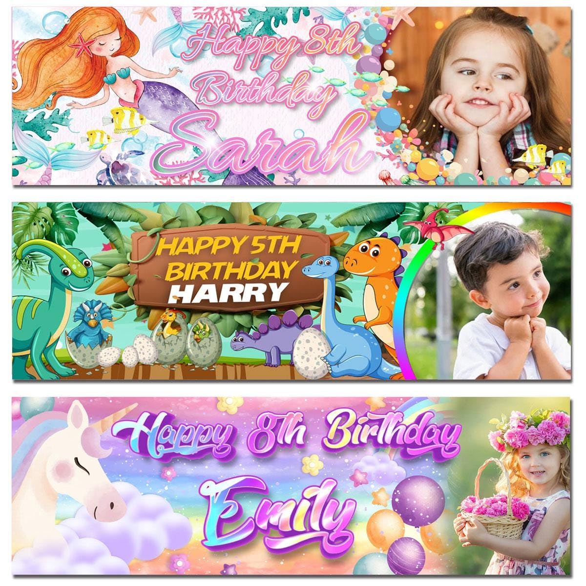 Personalised birthday banner 1ftx3ft fabric outdoor Photo unicorn rainbow pink girl children baby kids party gift decoration balloon celebration