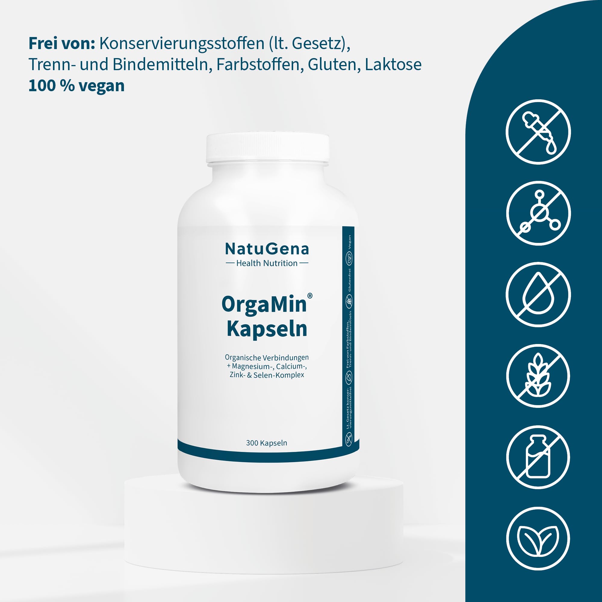 NatuGena OrgaMin Kapseln Säure-Basen-Haushalt, je 450 mg Kalium & Magnesiumcitrat pro Tagesdosis, 14 Mineralstoffe, hoher Magnesiumanteil, Selenkomplex, 300 Kapseln (1 Monats Packung)