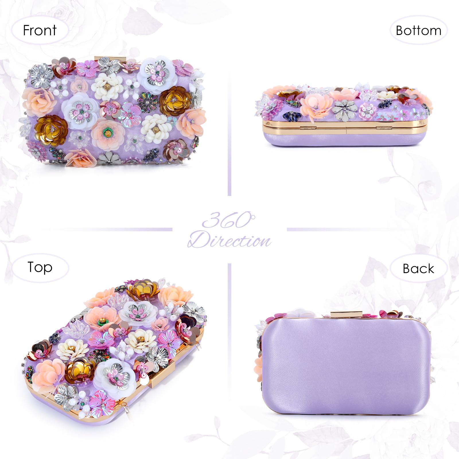 EVEOUT Clutch de 3D Flores Mujer Elegante Bolso de Mano de Noche de Cristal con asa y Cadena para Boda Fiesta Baile