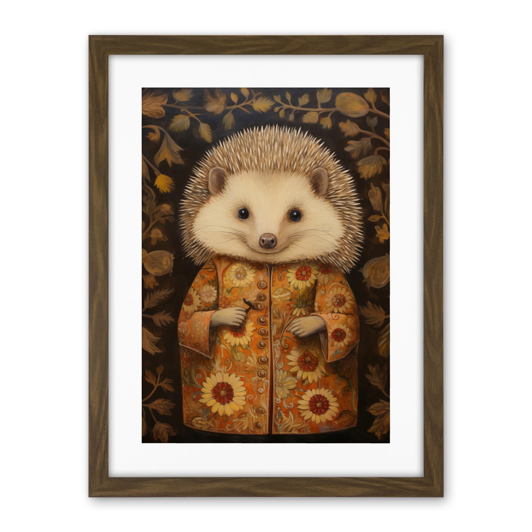 Artery8 Autumn Hedgehog in Sunflower Robe Modern Artwork Framed Wall Art Print 18X24 Inch