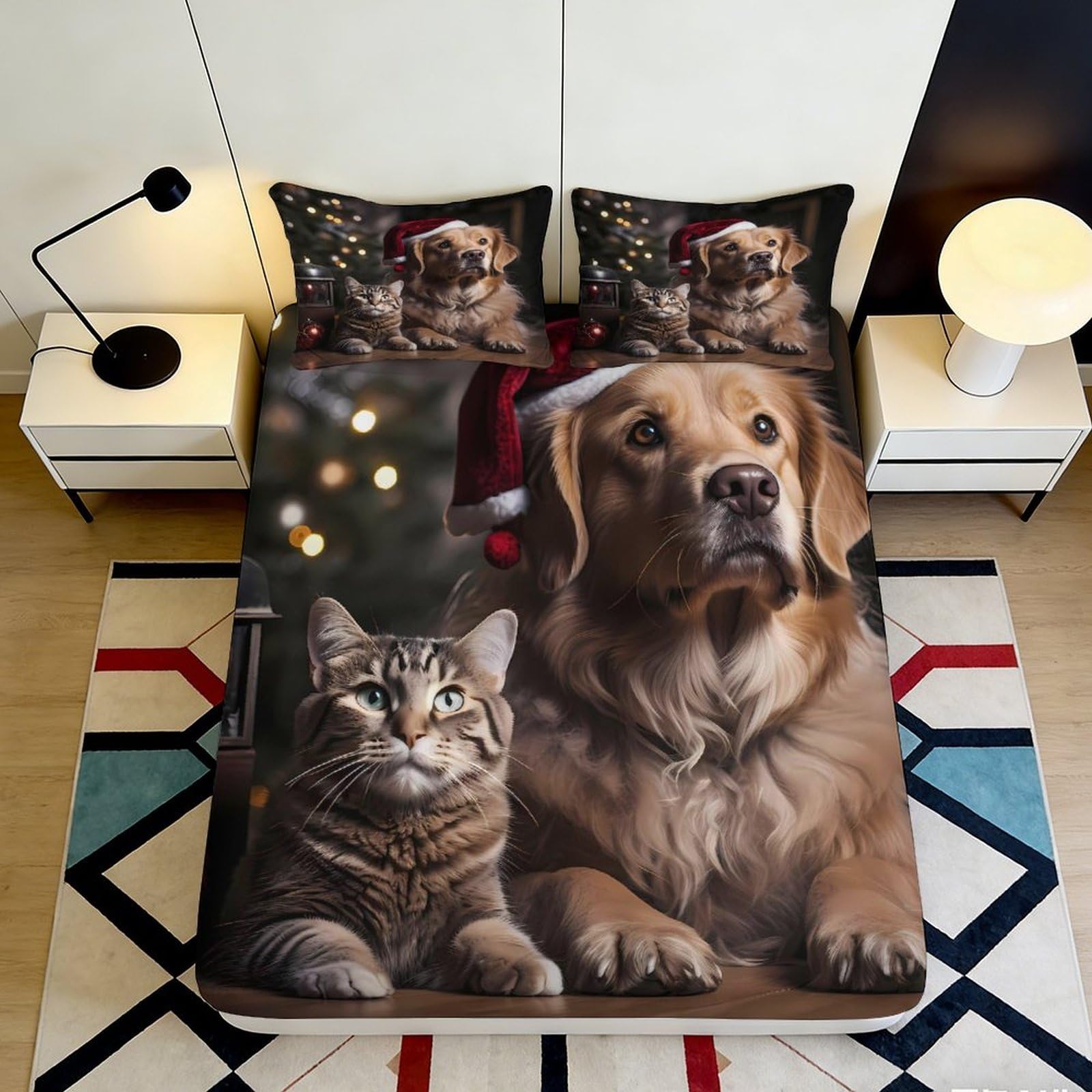 Pnayamiorkfel Style-4 3D Printed Christmas Dog Cat Fitted Sheet Microfiber Soft Breathable Festive Animal Bed Cover For Bedroom Guest Room Decor 90X200x25cm