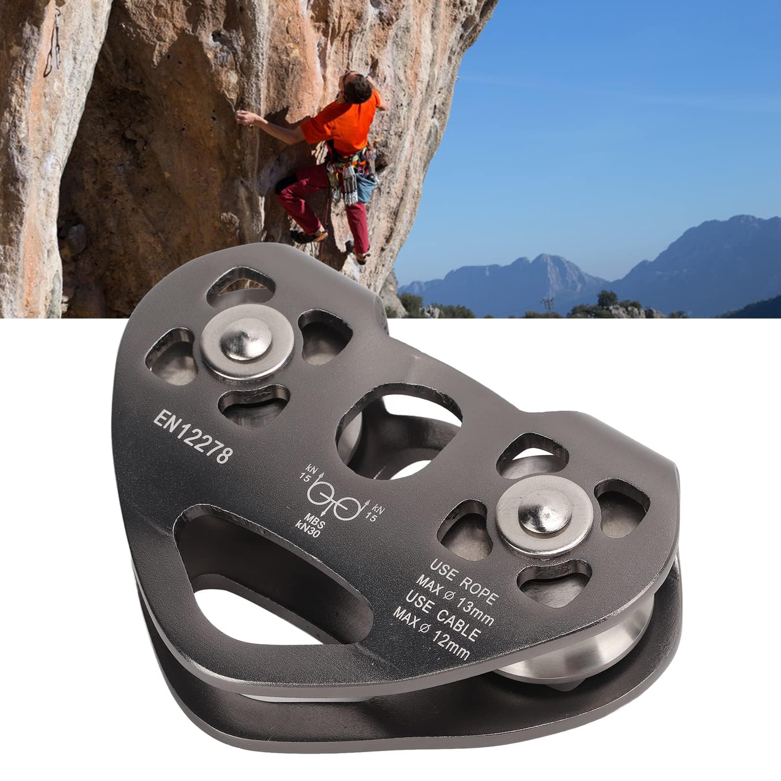 Polea de Doble Carrete de Aluminio Aeronáutico con Rodamientos Dobles para Montañismo y Escalada Ligera y Portátil con Superficie Lisa
