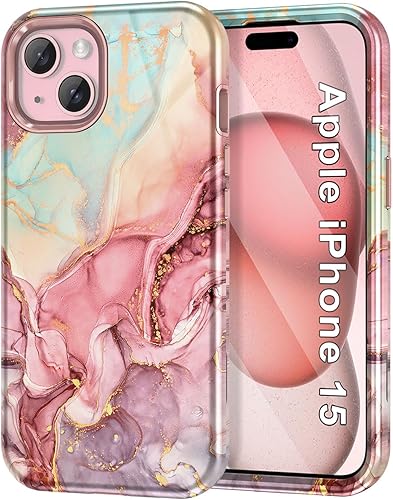 Btscase Funda para iPhone 15 Pro Max de 6.7 pulgadas (2023), patrón de mármol 3 en 1 resistente cuerpo completo a prueba de golpes PC duro +
