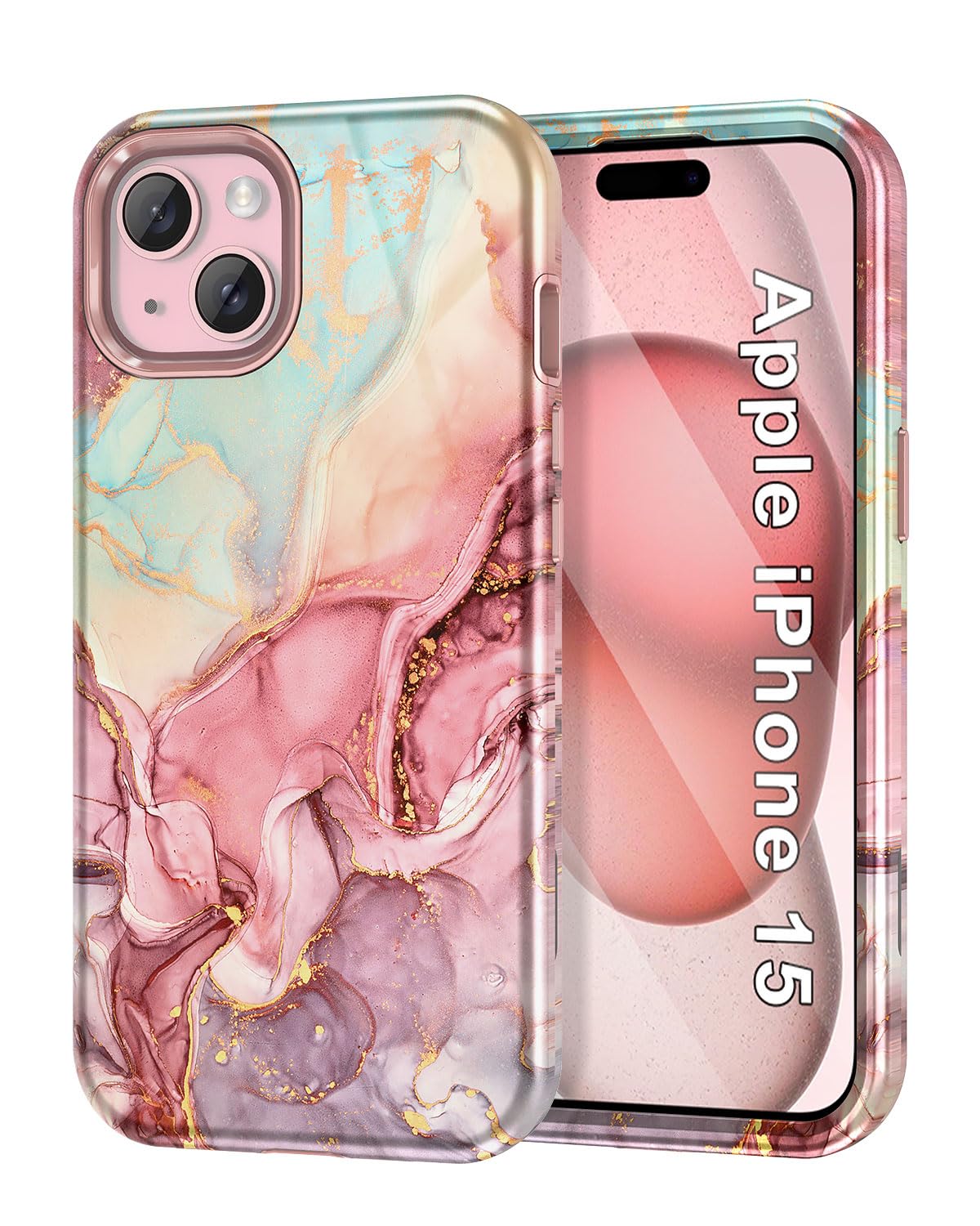 Btscase for iPhone 15 Case 6.1 inch (2023), Marble Pattern 3 in 1 Heavy Duty Shockproof Full Body Hard PC+Soft Silicone Drop Protective Women Girls