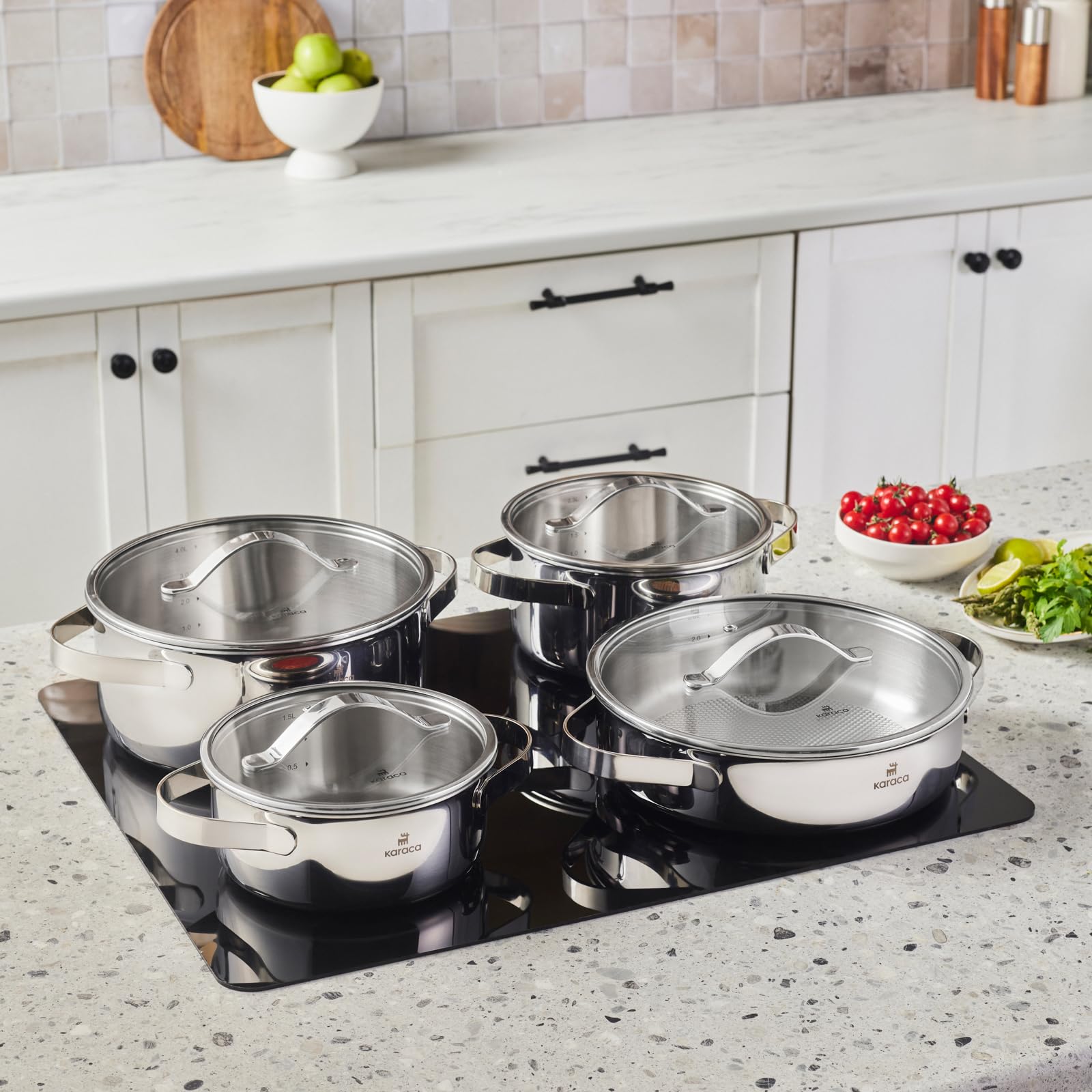 Karaca Culinara - Set di 8 pentole a induzione in acciaio INOX, 3 strati, colore: argento