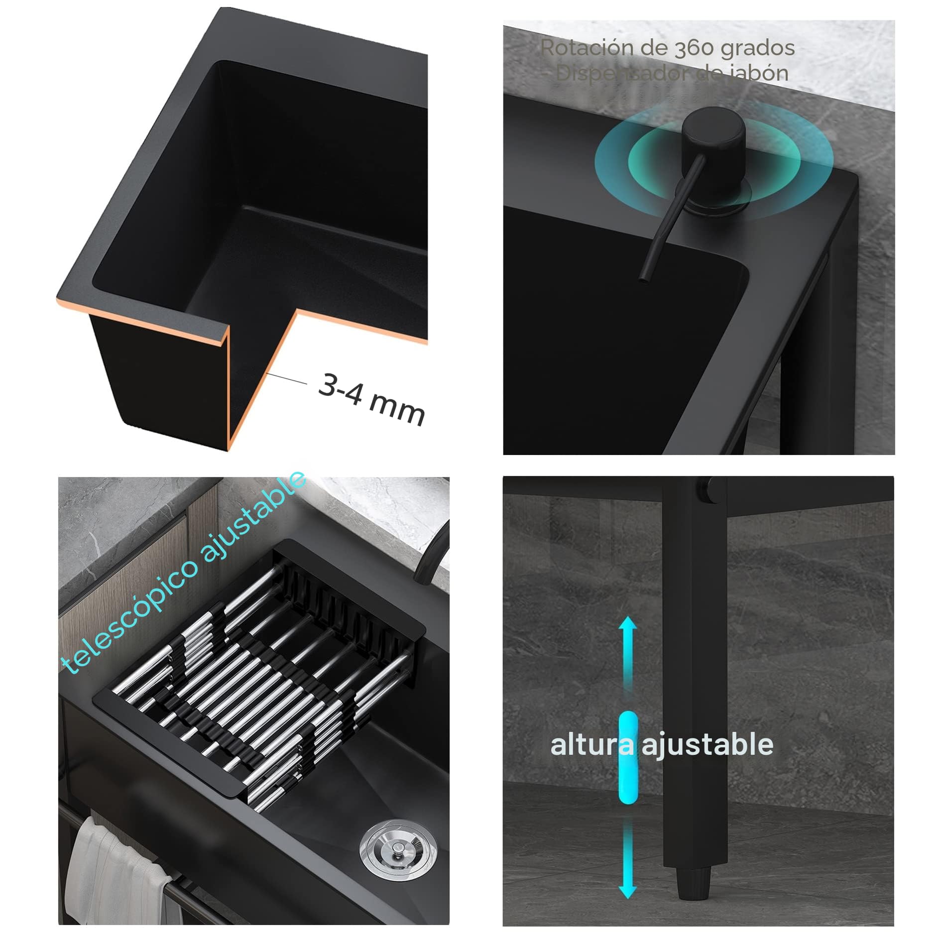 Fregadero de acero inoxidable negro, 80 cm, lavabo independiente, cuenco individual, estación de lavado de cocina comercial con grifo, para garaje, restaurante, lavandería, exterior