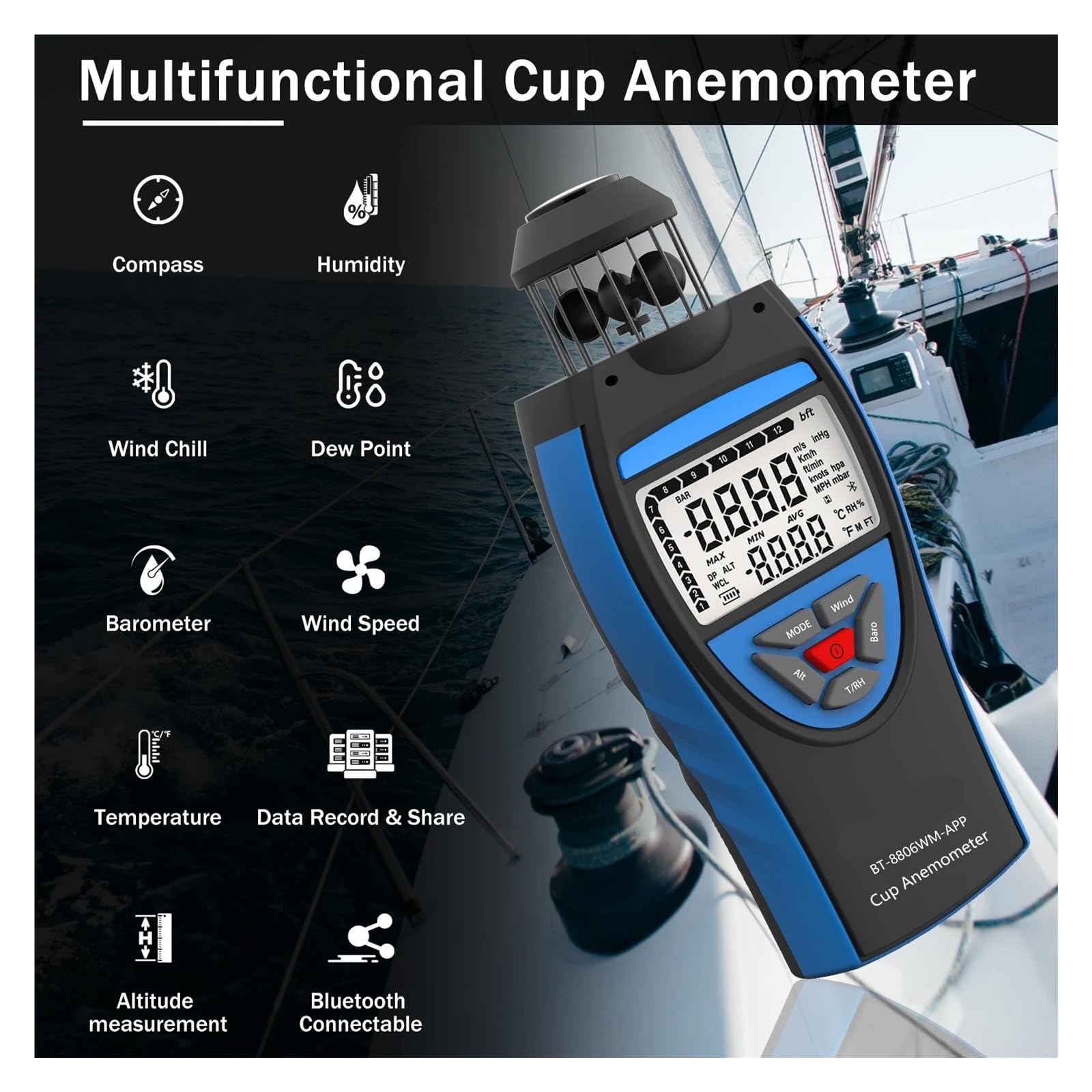 Anemómetro Digital inteligente 8806-WM-APP, medidor de velocidad del viento 0,3~42 m/s, volumen aire promedio HVAC, altitud CFM, barométrico