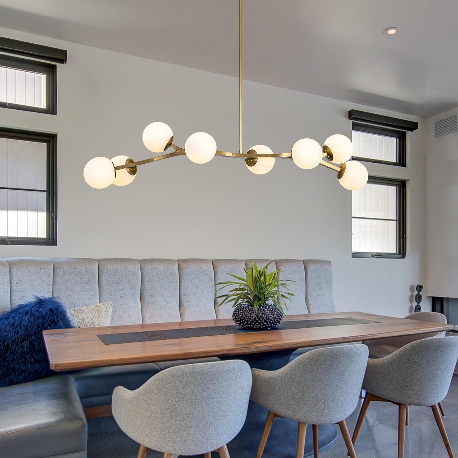 Lingkai 56" Large Brass Gold Modern Linear Chandeliers for Dining Room, Mid Century Modern Chandelier Pendant Light, 8-Light Globe Chandelier for Living Room Kitchen