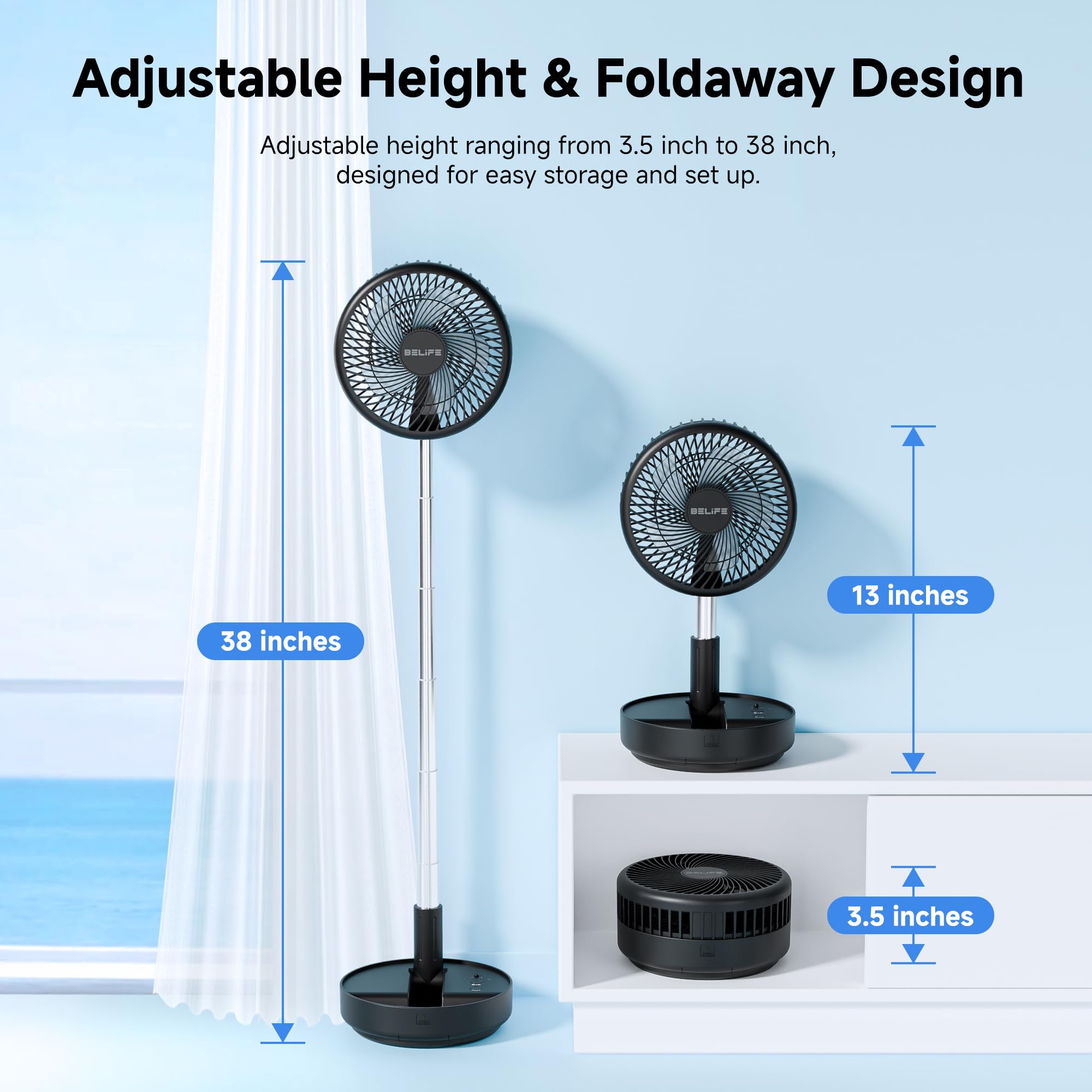 Belife Ventilador portátil X8, ventilador inalámbrico que funciona con pilas, ventilador oscilante recargable de 7200 mAh, control remoto y ventilador telescópico plegable (negro)