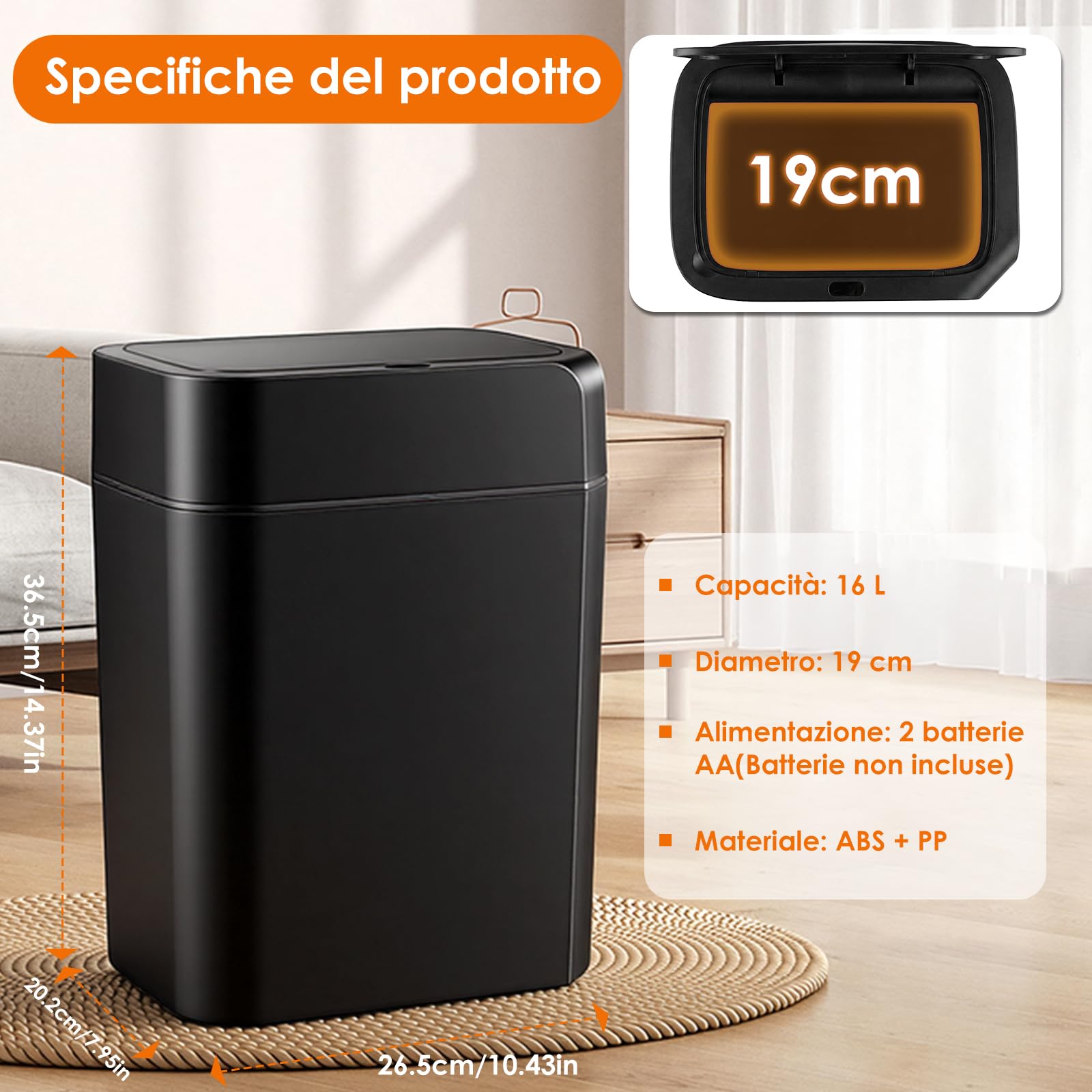 Pattumiera con sensore, 16 l, automatica, touchless, con sensore di mano e ginocchia, risposta rapida, silenziosa, facile da pulire, ideale per bagno, camera da letto, cucina, soggiorno (nero)