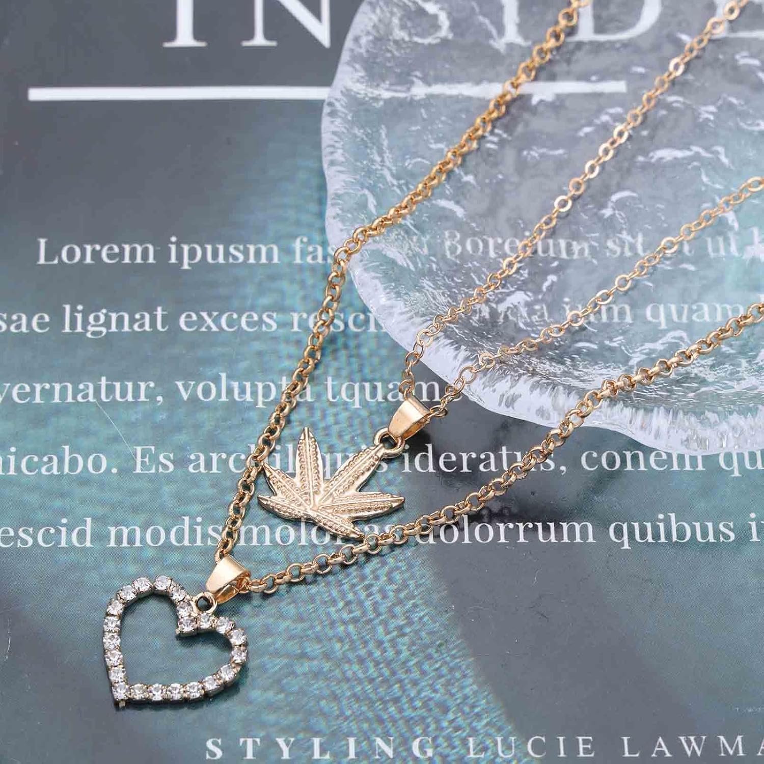 Bohemian Layered Crystal Heart Choker Necklace Gold Leaf Pendant Necklace Hollow Cz Heart Collar Necklace Small Maple Leaf Chain Necklace Jewelry for Women - Image 4