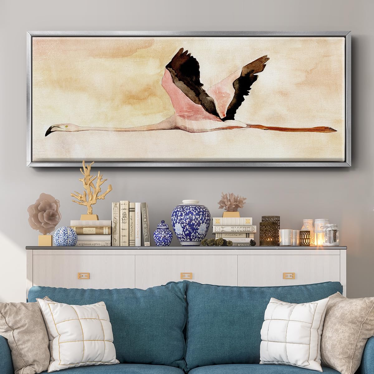 Renditions Gallery Bird Life Floater Frame Canvas Art Pink Flamingo In the Flight Wall Decoration Prints & Paintings for Bedroom Office Kitchen - 8"X20" SILVER Frame GAL042 image 2