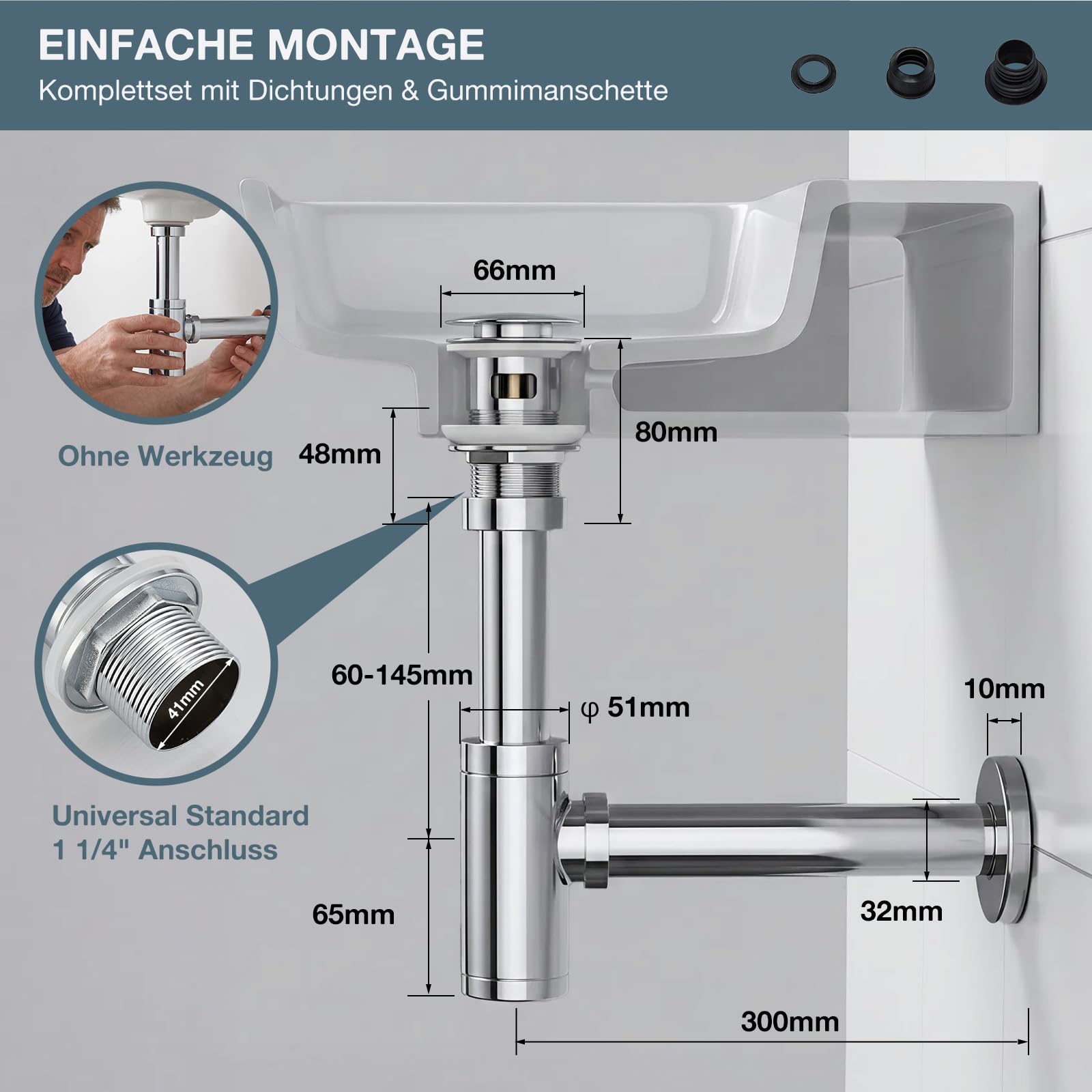 Sifone pop up valvola di scarico con troppopieno, design universale, sifone a tubo con apertura di pulizia, tubo di immersione regolabile, cromato