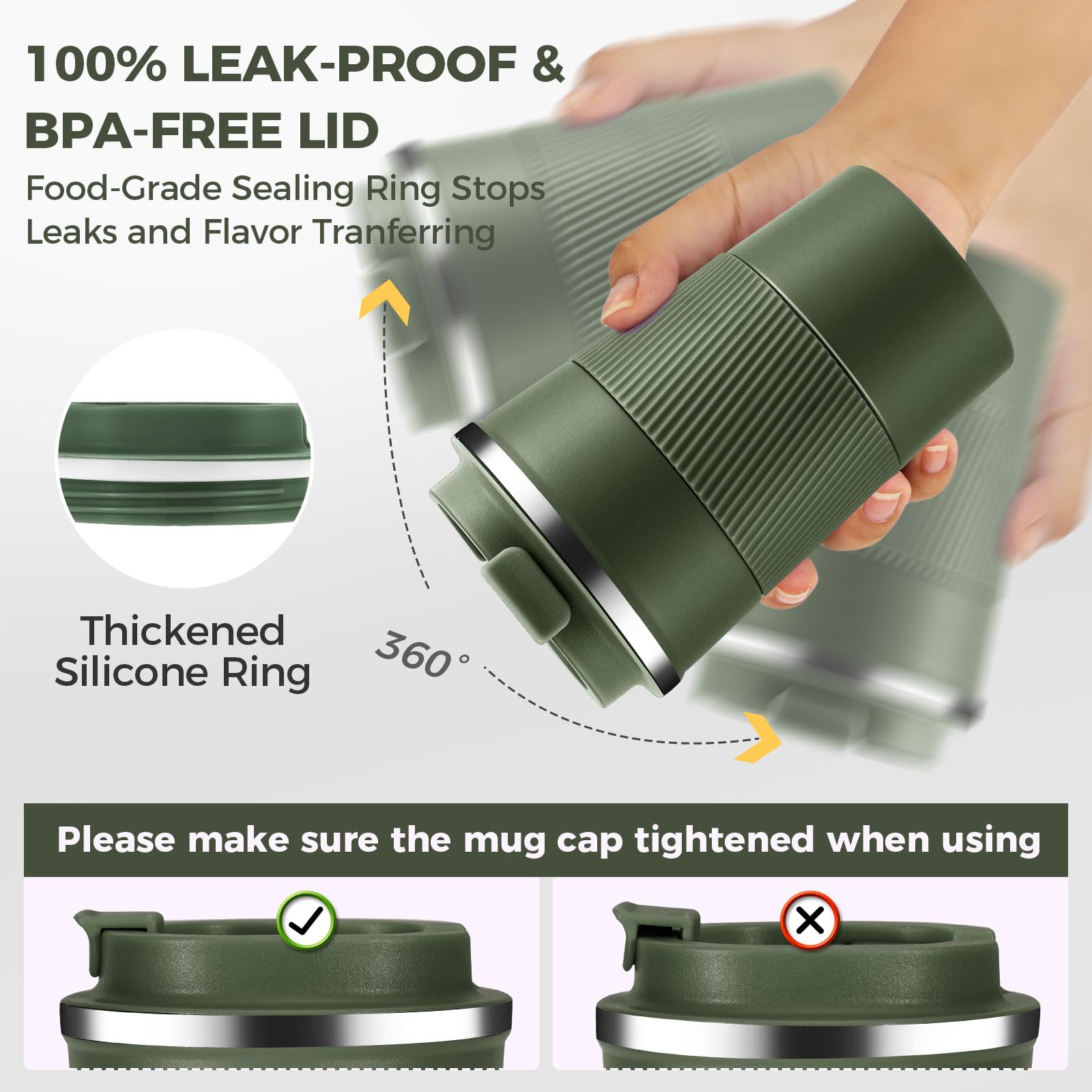 Volhoply 380ml 13oz Stainless Steel Insulated Travel Coffee Mug with Fip Lid,Reusable Double Wall Vacuum Metal Coffee Cup,Portable to Go Leak Proof Cafe Tumbler for Hot & Cold Drinks(Army Green,1) - Image 4