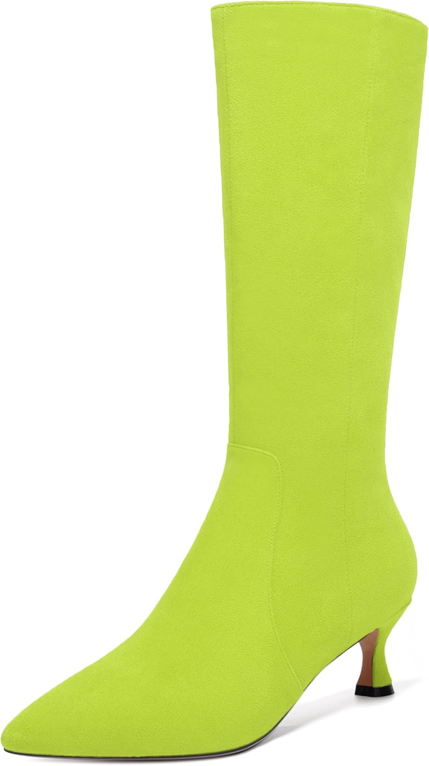 FEMSTEP Womens Sexy Suede Pointed Toe Party Zip Kitten Low Heel Knee High Boots 2 Inch