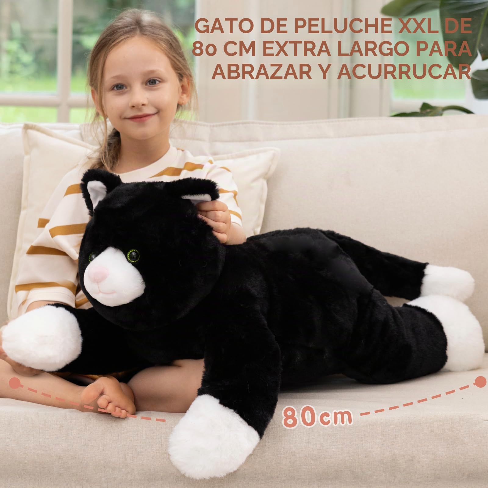 MorisMos Gato Peluche Negro, 80cm Gato Juguete de Peluche Teddy Animales Grande Suave Bonito, Kawaii Regalos San Valentin para Madre Cumpleaños Navidad