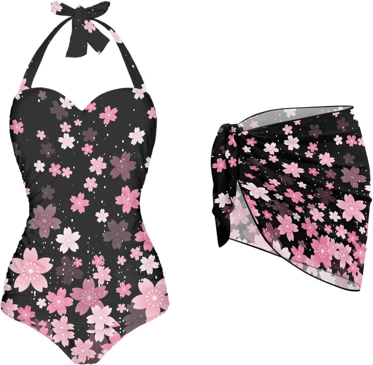 Women's Tummy Control Swimsuit Set: One Piece Bathing Suit, Breathable Chiffon Sarong Wrap for Summer Sports