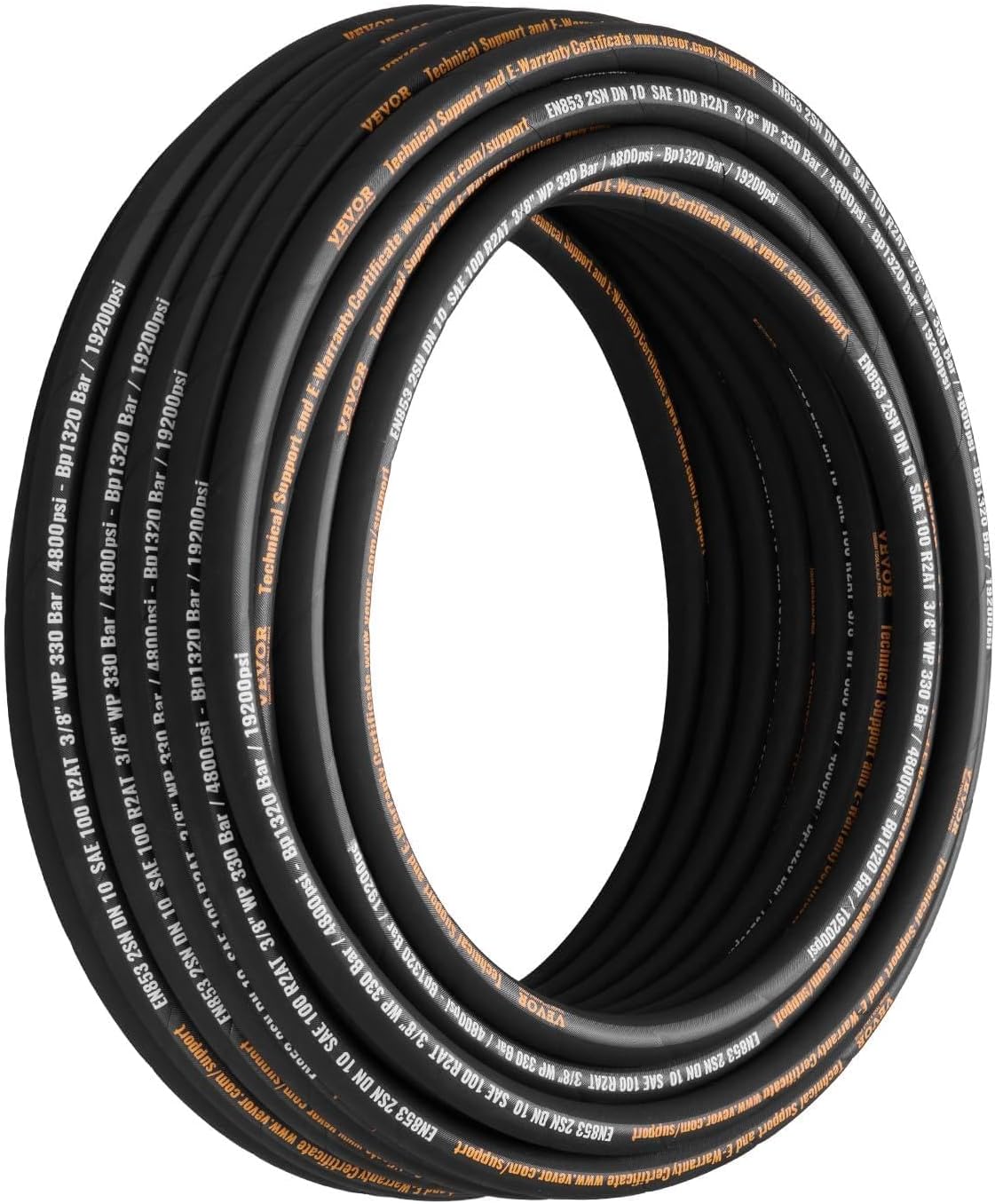 Hydraulic Hose 3/8 Inch x 100 Ft, 4800 PSI Coiled With 2 High-Tensile Steel Wire Braid, Bulk Rubber Flexible Oil Hose -20C to 140C