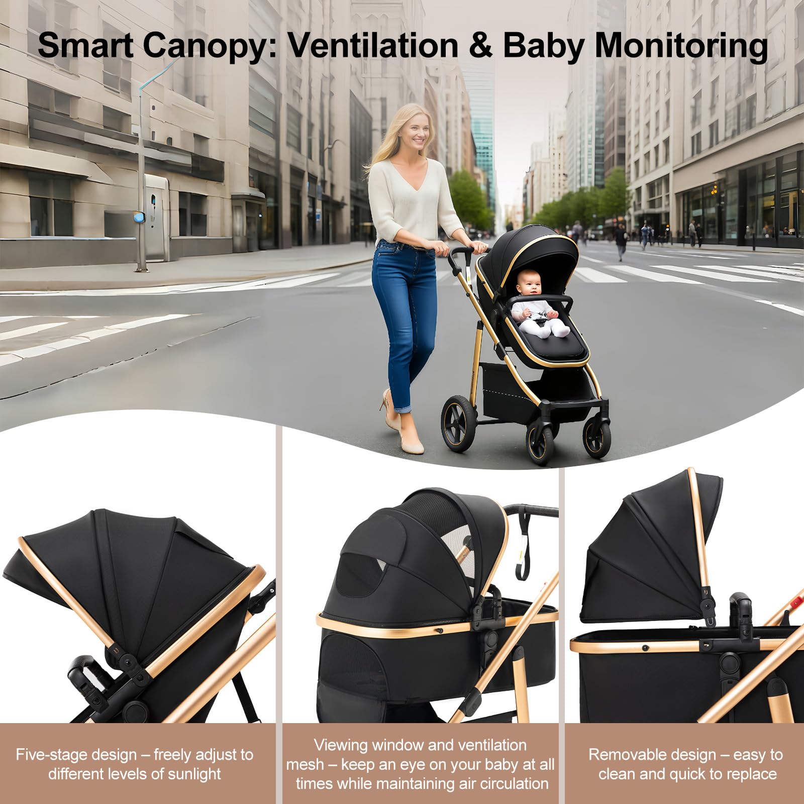 Zkipm Kinderwagen 3 in 1 Baby Stroller Klappbar Kombi Kinderwagen Travel System Höhenverstellbar Schubstange für 0-4
