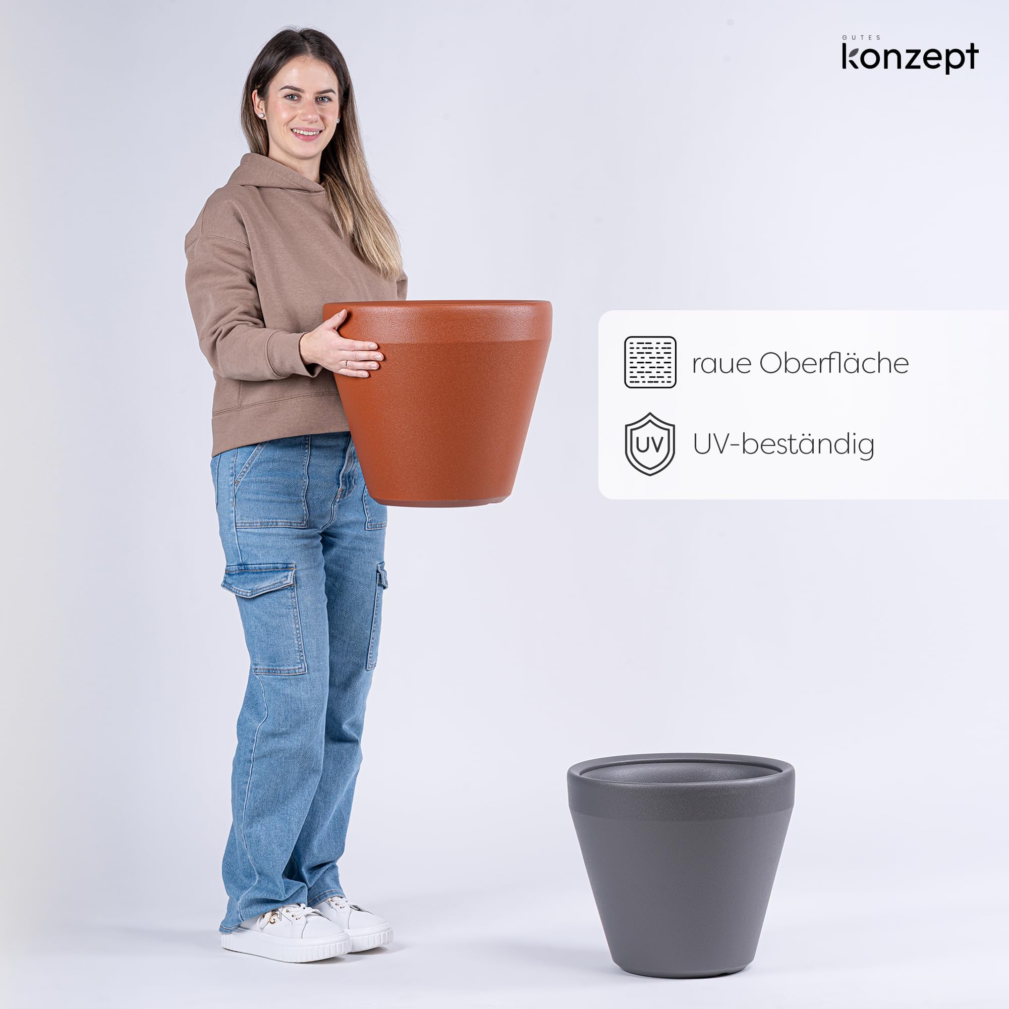 KONZEPT Übertopf groß 40 cm Durchmesser aus Kunststoff, 30 L, Anthrazit - Blumentopf in Ton-Optik, Kratzunempfindlich, UV- & Frostbeständig, für Innen & Außen geeignet