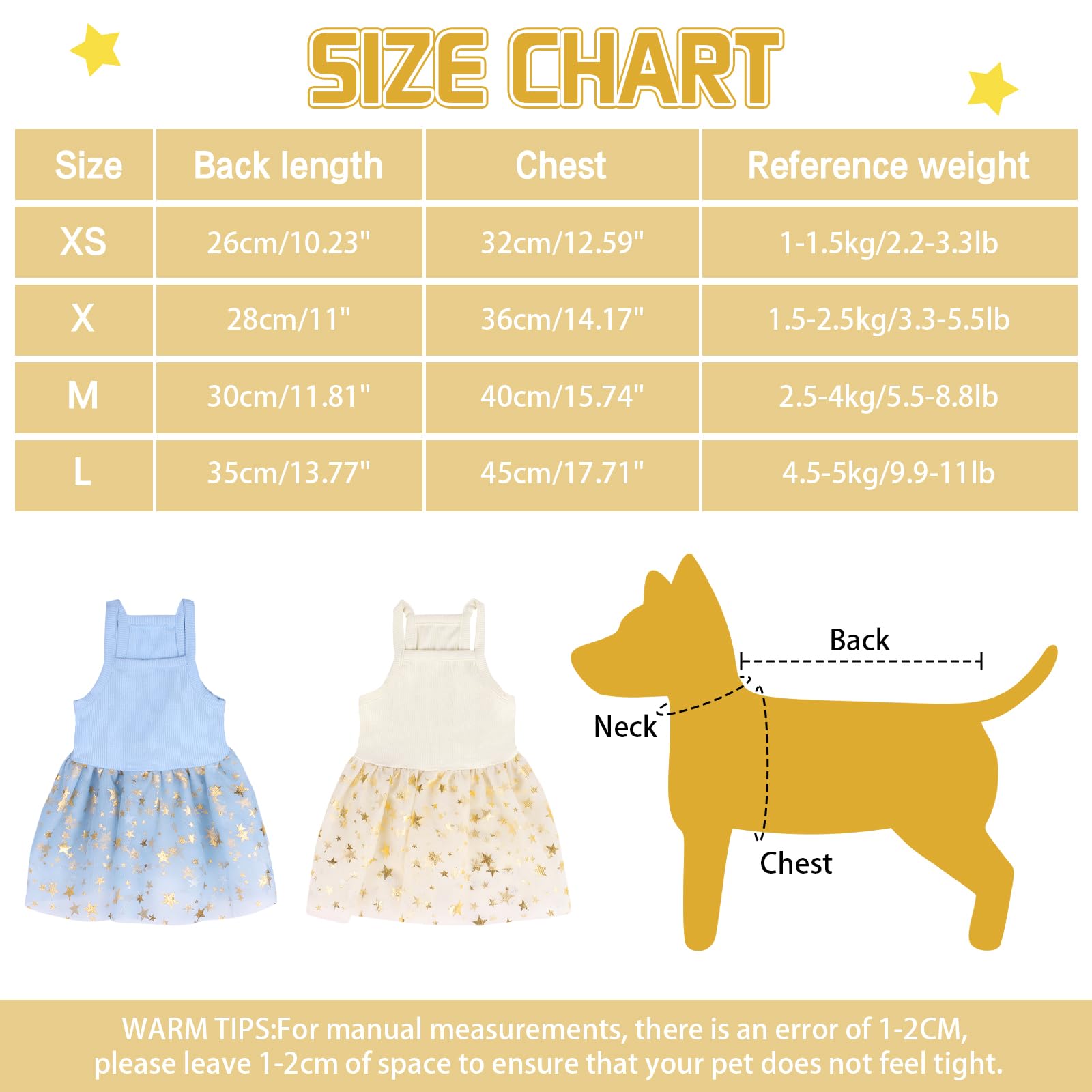 Dog Tutu Dress Cat Dogs Summer Tulle Slip Lace Dress Cute Puppy Glitter Star Skirt Pet Party Clothes for Small Medium Cat Dog (Yellow - Image 3