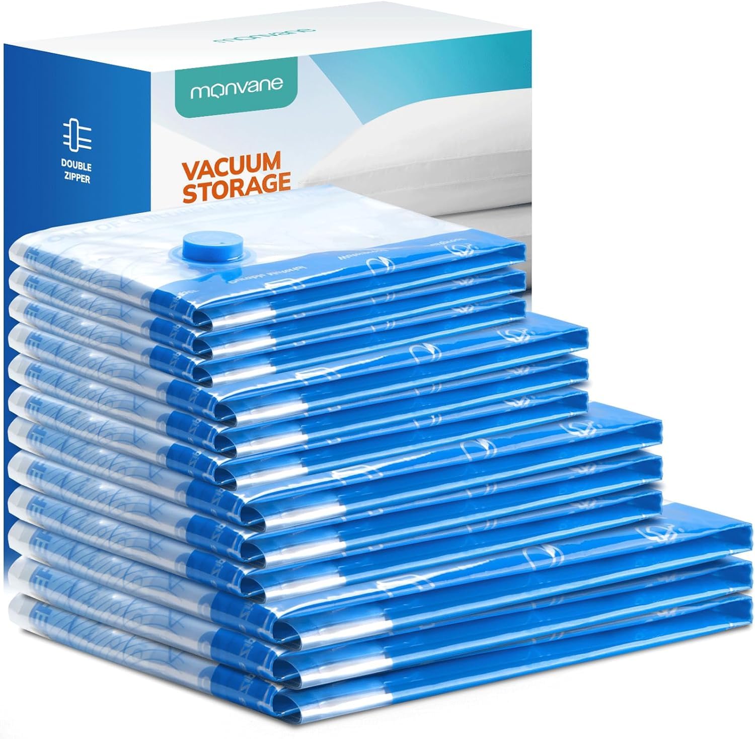 Vacuum Compression Storage Bags for Clothes - 12 Pack Reusable Space Saver Bags for travel (3*L + 3*M + 3*S + 3*XS)