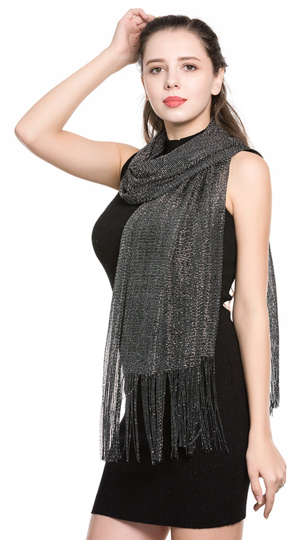 World Of Shawls Women's Black With Silver Glitter Scarf Wrap For Evening Dresses - Sheer Bridal Scarves For Prom, Wedding, Party (Black With Silver Glitter)
