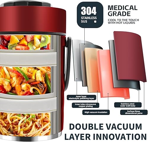 Miniatura 5 de 67 oz de acero inoxidable aislado al vacío de boca ancha para sopa y comida caliente para adultos, contenedor térmico portátil de 3 niveles apilable