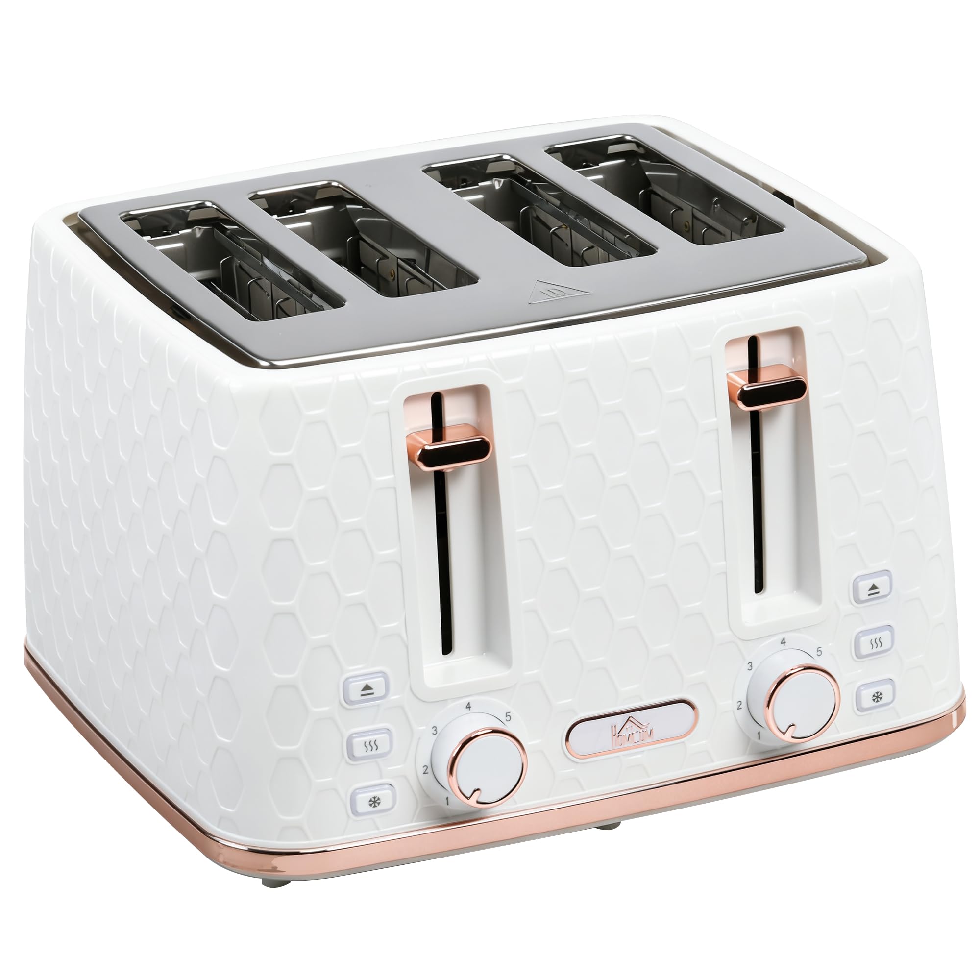 HOMCOM 4 Slot Toaster - 1600W, 7 Browning Levels, White Honeycomb Design, White Plastic