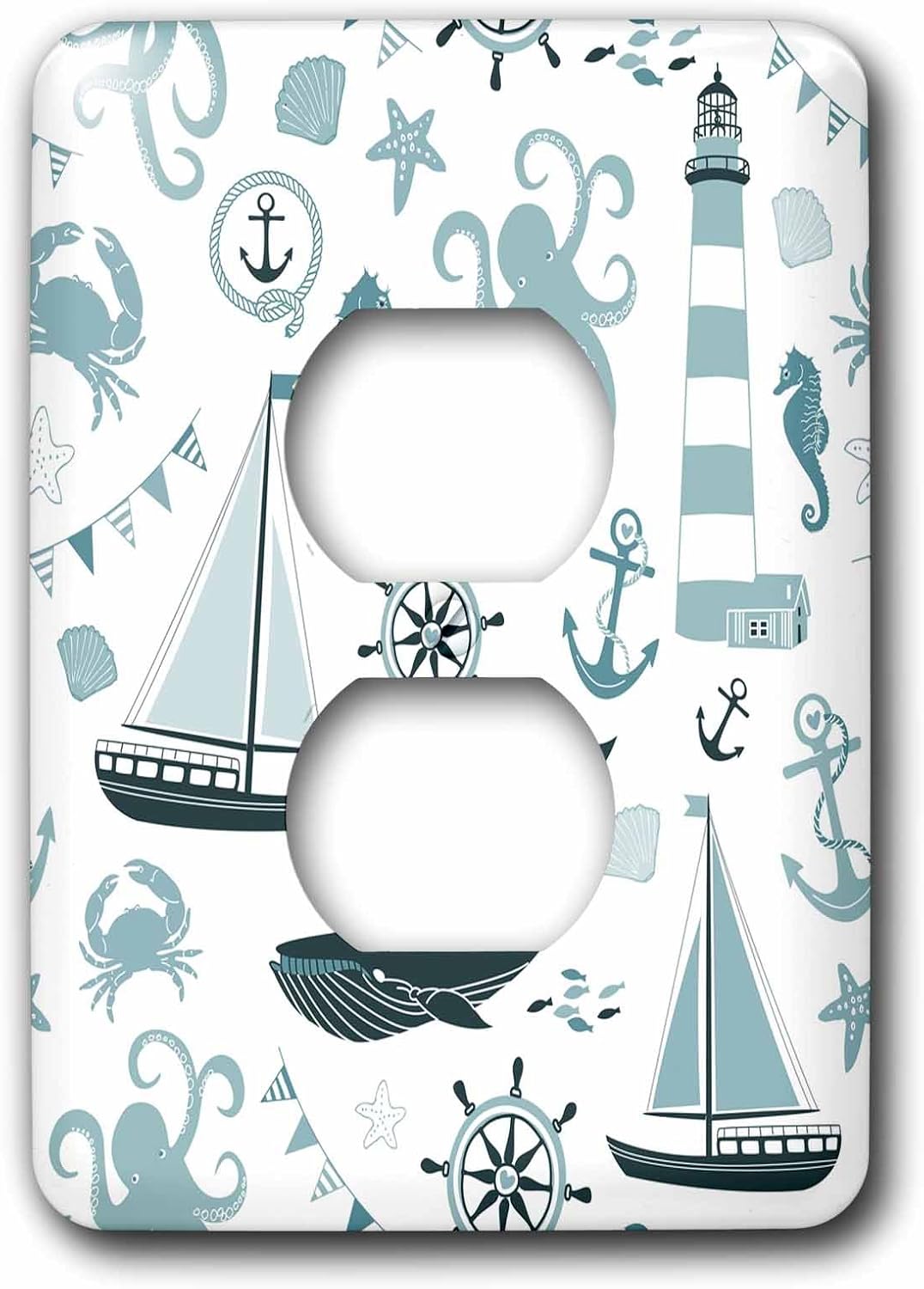 3dRose lsp_123491_6 Blue And White Nautical Theme Octopus, Boat, Anchor - 2 Plug Outlet Cover