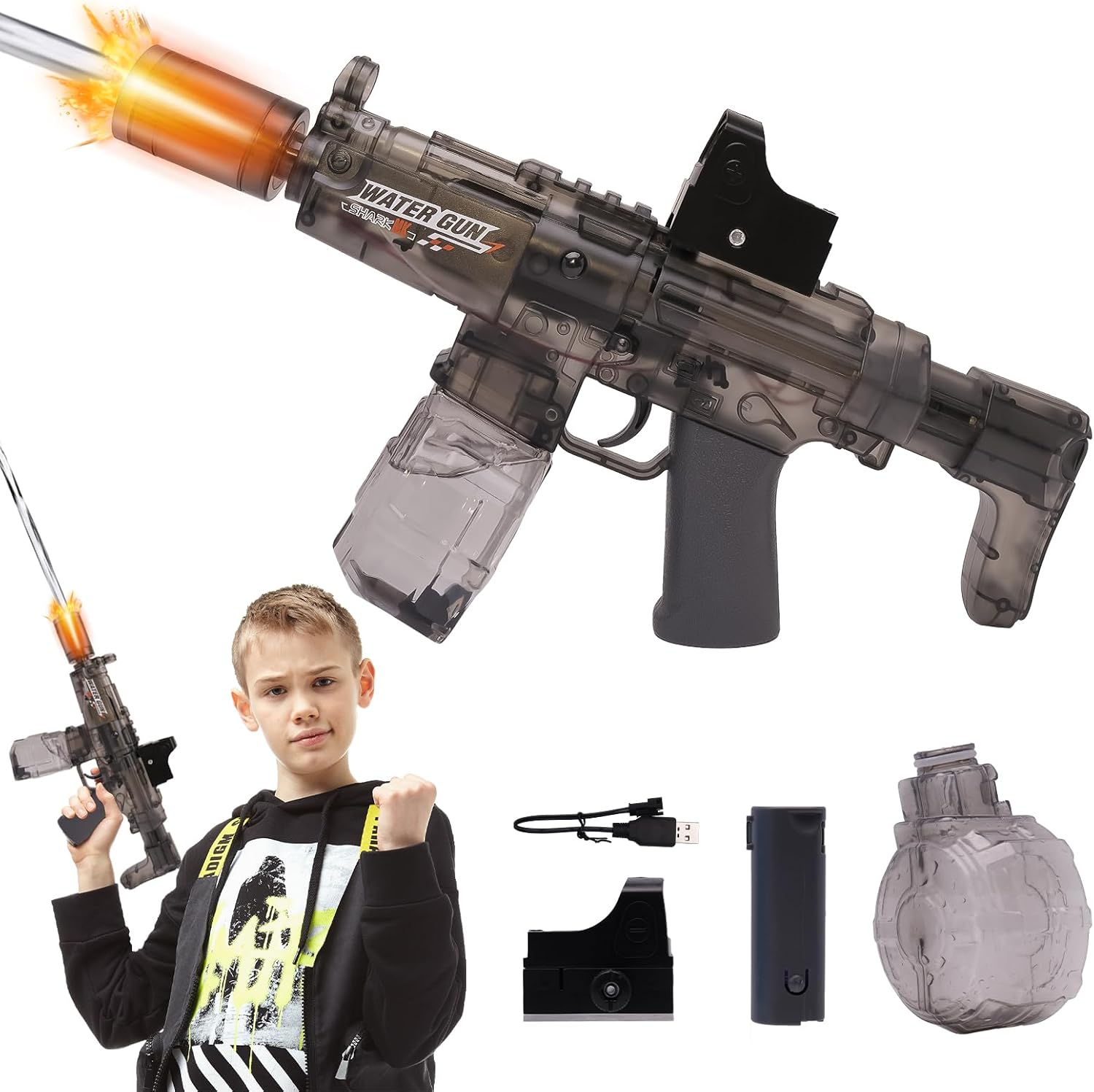 Electric Water Gun for Kids Adults,Automatic Squirt Guns with Muzzle Flash Up to 30-32 FT Range,Auto Water Suction 320CC Water Blaster for Kids Adults Swimming Pool Beach Party Games (Gray)