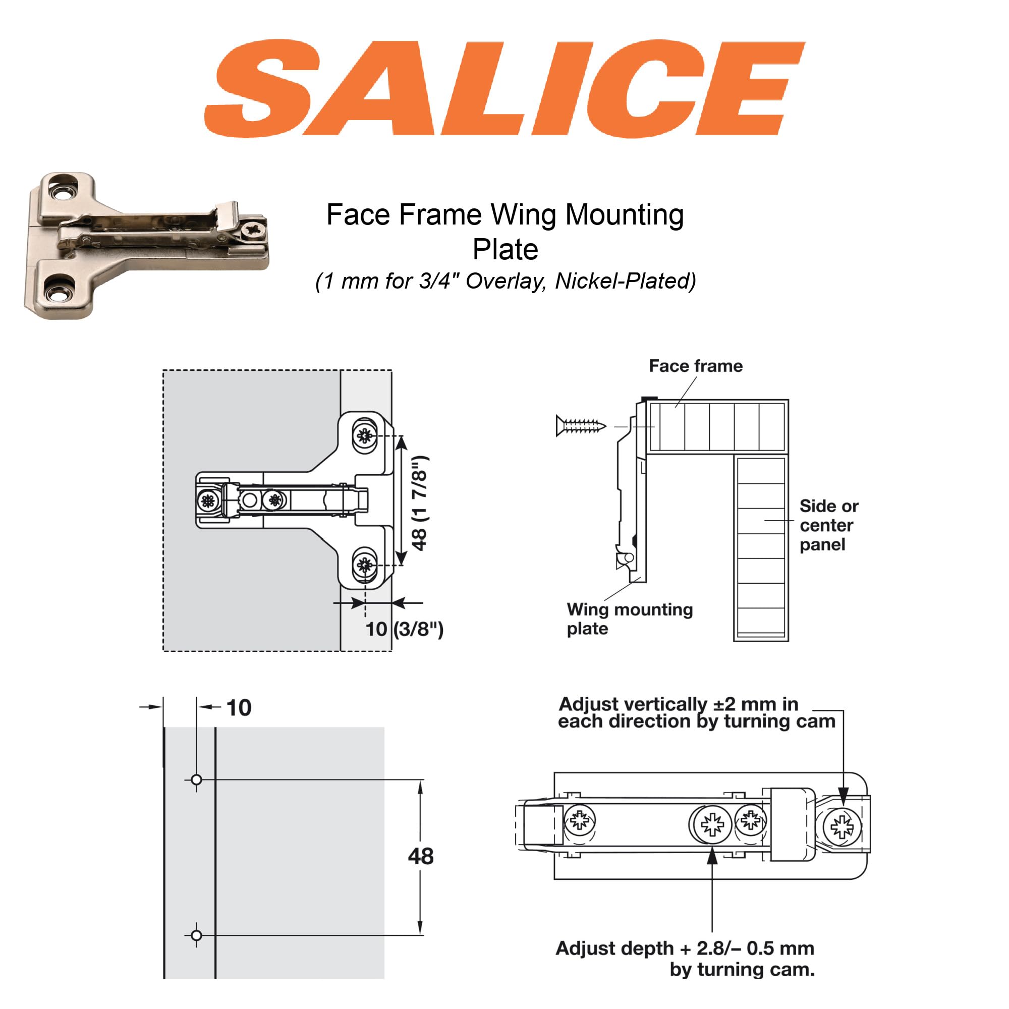 Salice 2 European Face Frame Hinges C2P6A with Face Frame Clip On Adapter Plates