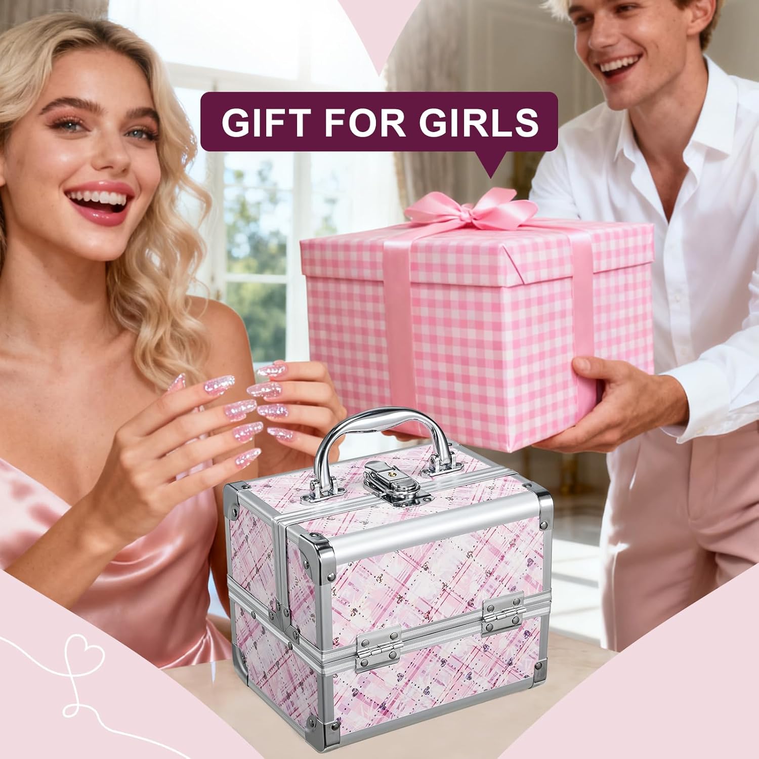 FRENESSA Makeup Train Case Portable Makeup Case Organizer Cosmetic Box Make Up Box Makeup Organizer Cases with Mirror Locking Nail Kit Organizer Travel Case Pink Plaid